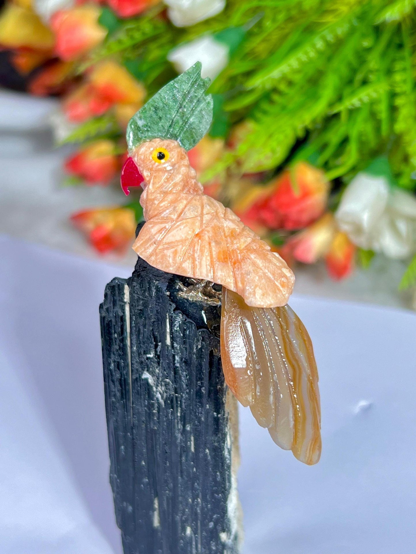 Beautiful Peach Moonstone Crystal Parrot Bird On Black Tourmaline Rough- Healing Crystal - Home Decoration - Reiki Healing - Gift for All