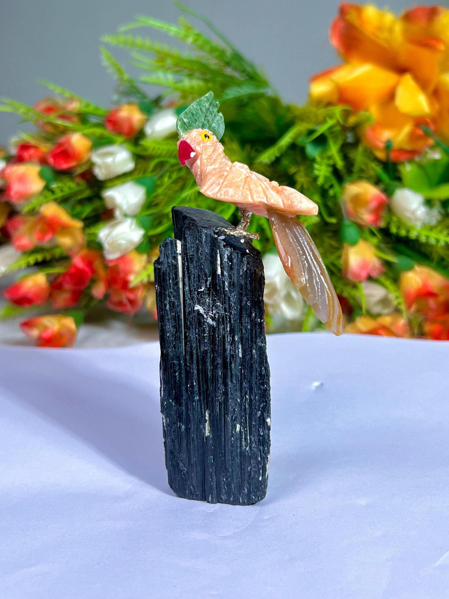 Beautiful Peach Moonstone Crystal Parrot Bird On Black Tourmaline Rough- Healing Crystal - Home Decoration - Reiki Healing - Gift for All