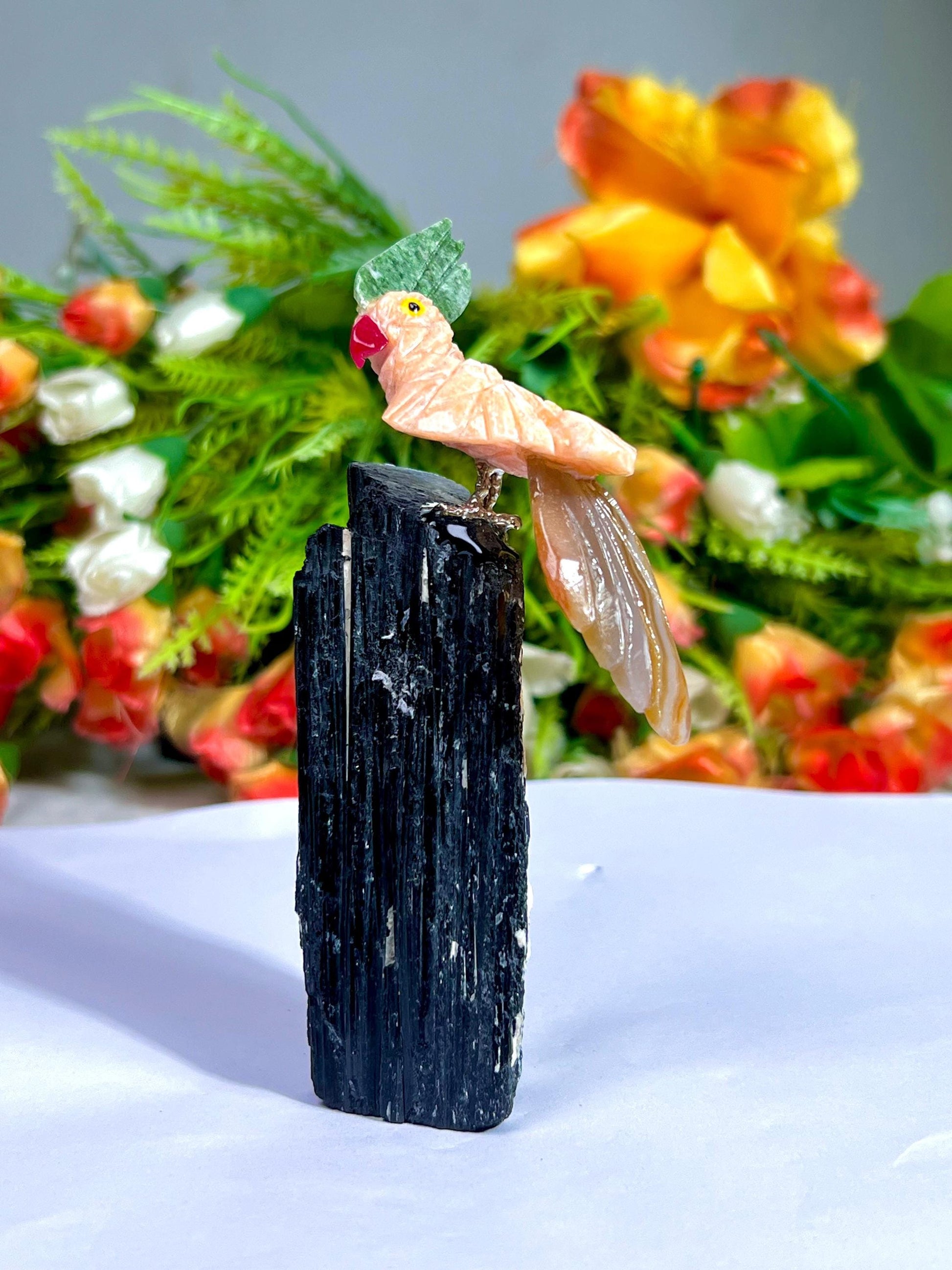 Beautiful Peach Moonstone Crystal Parrot Bird On Black Tourmaline Rough- Healing Crystal - Home Decoration - Reiki Healing - Gift for All