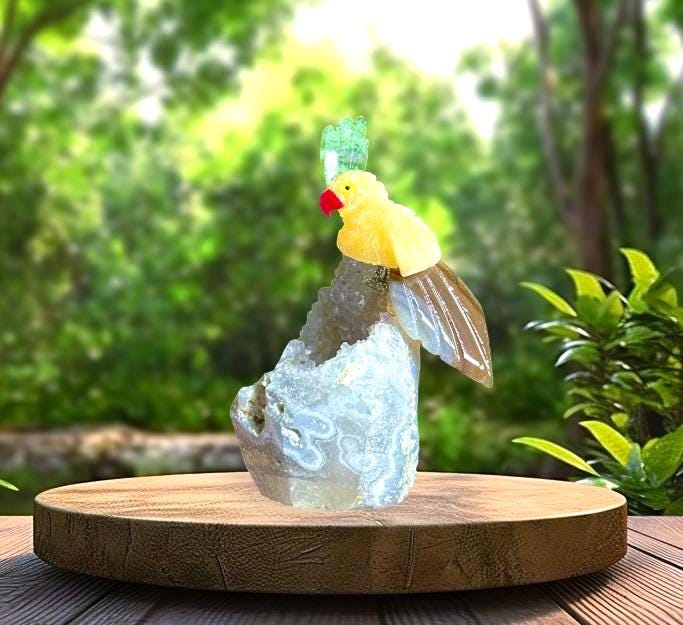 Beautiful Yellow Calcite Stone Parrot Bird On Amethyst Geode Mineral Healing Crystal - Home Decoration-Reiki Healing - Gift for All