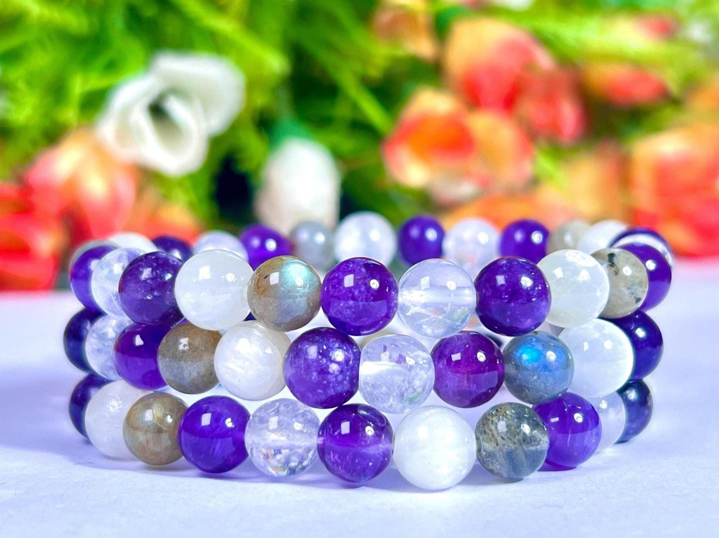 Crown Chakra Stone Bracelet Himalya Crystal , Amethyst , Labradorite, Selenite, Lepidolite 8 MM Beads Bracelet