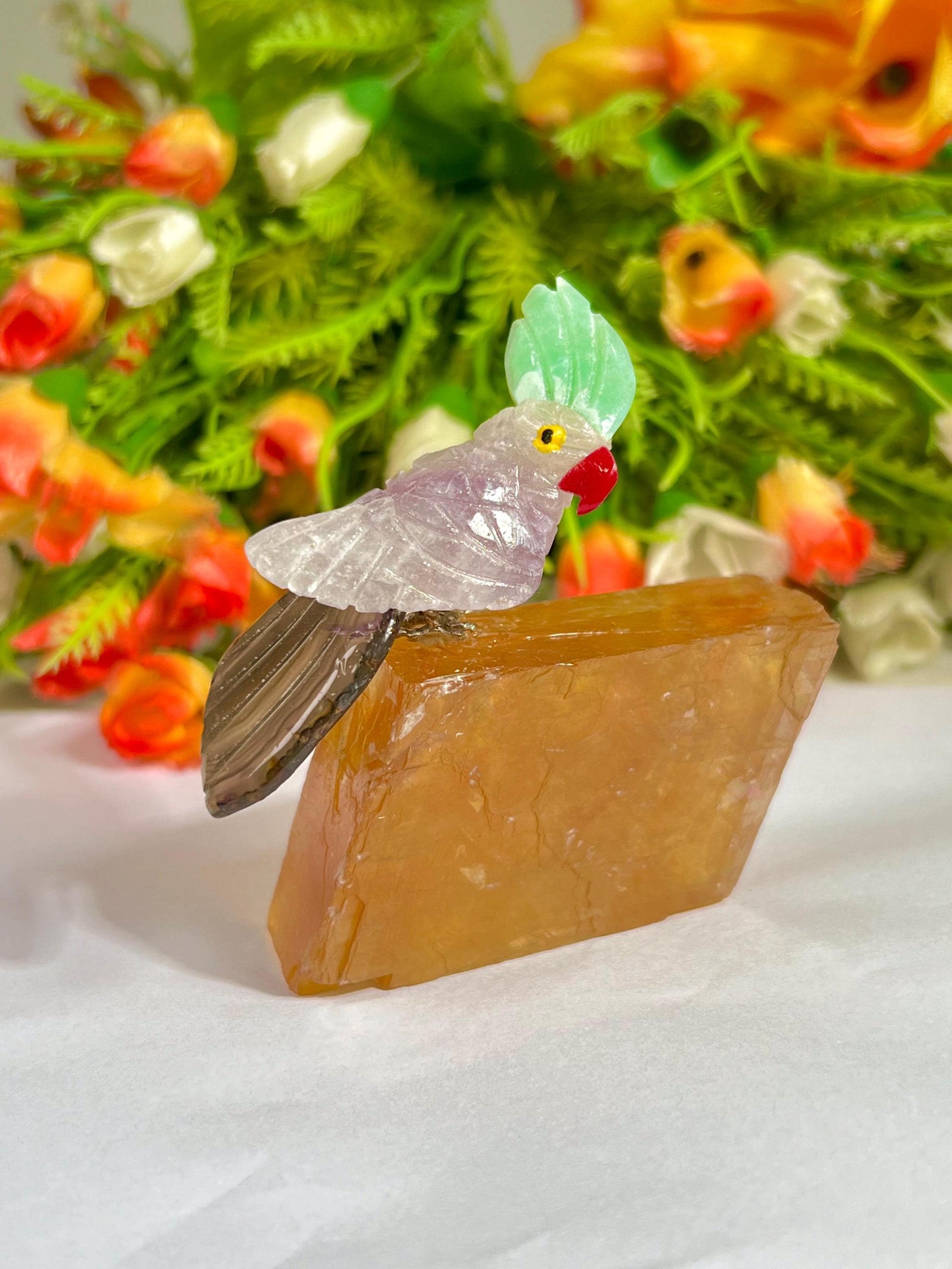 Beautiful Fluorite Stone Parrot Bird On Honey Cubic Calcite- Healing Crystal - Home Decoration - Reiki Healing - Gift for All