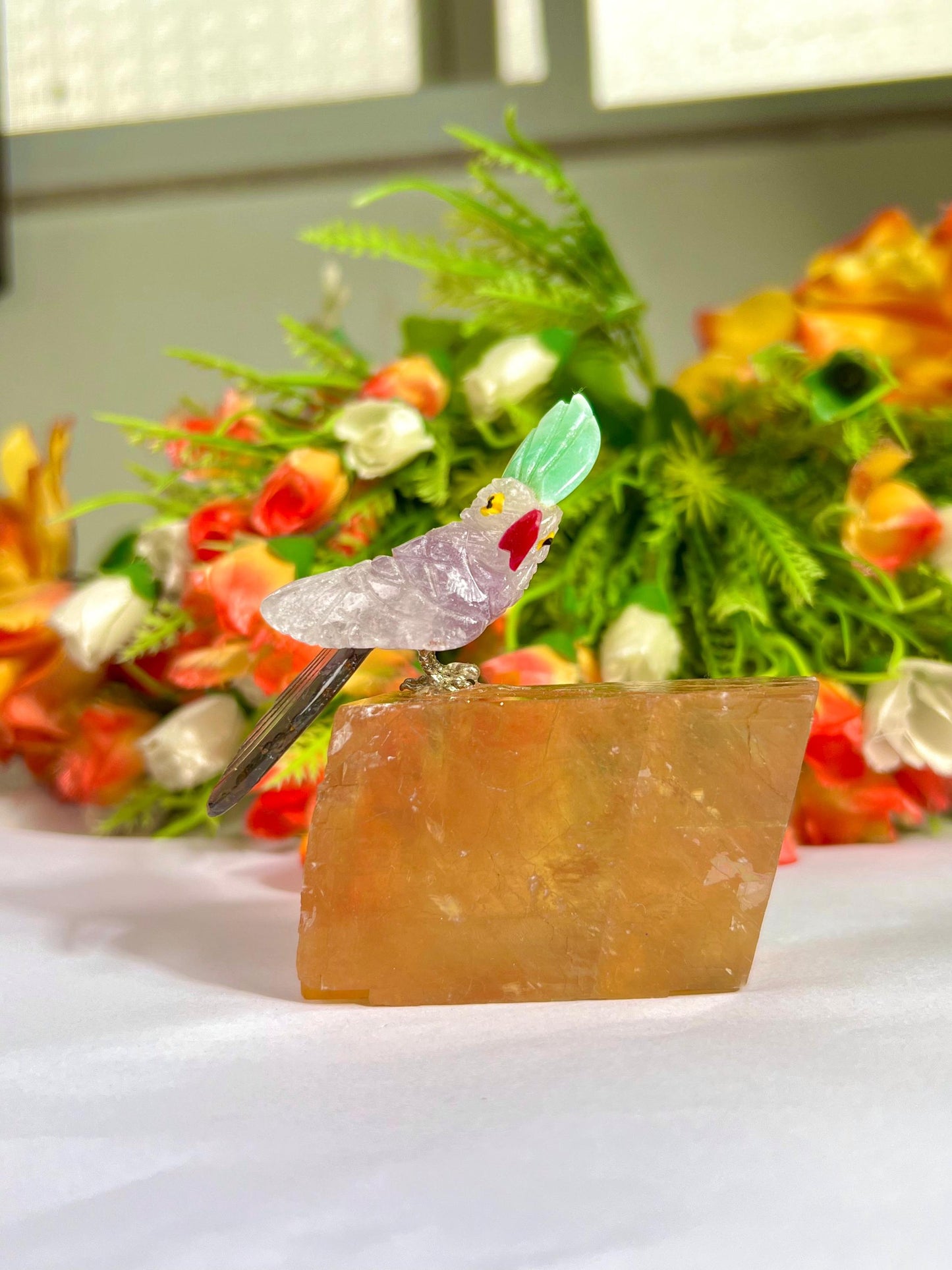 Beautiful Fluorite Stone Parrot Bird On Honey Cubic Calcite- Healing Crystal - Home Decoration - Reiki Healing - Gift for All
