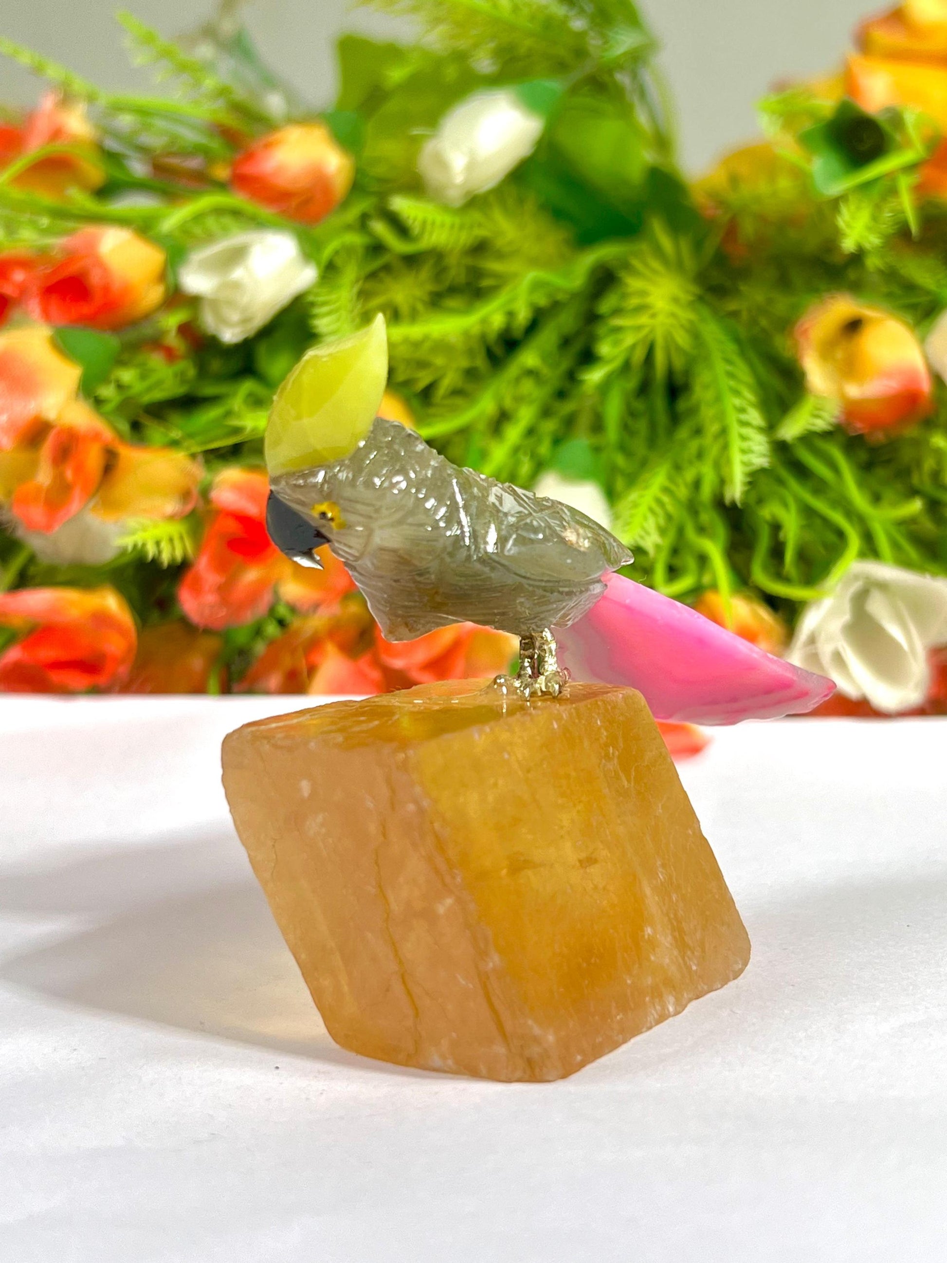 Beautiful Smoky Quartz Stone Parrot Bird On Honey Cubic Calcite- Healing Crystal - Home Decoration - Reiki Healing - Gift for All