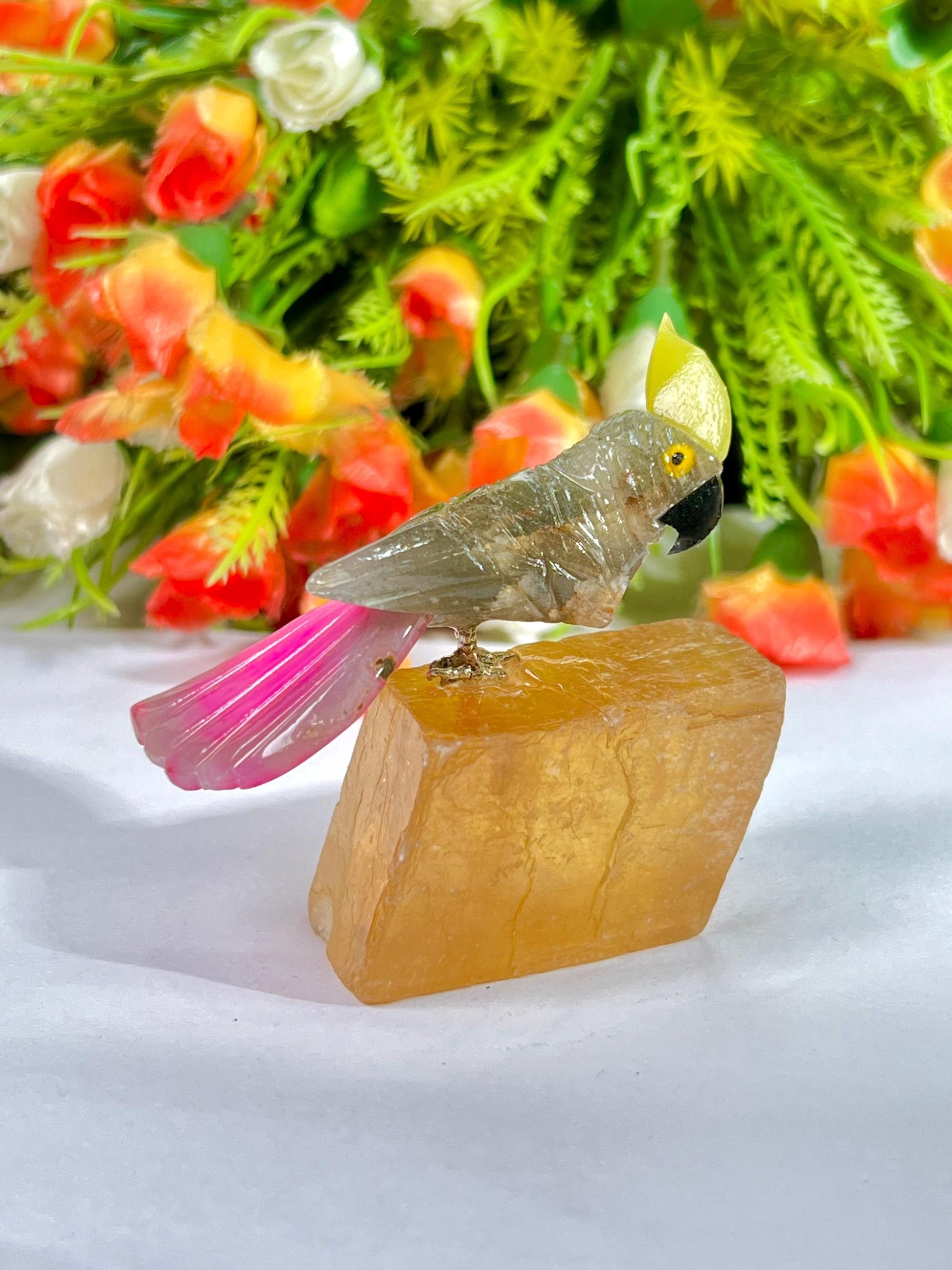 Beautiful Smoky Quartz Stone Parrot Bird On Honey Cubic Calcite- Healing Crystal - Home Decoration - Reiki Healing - Gift for All