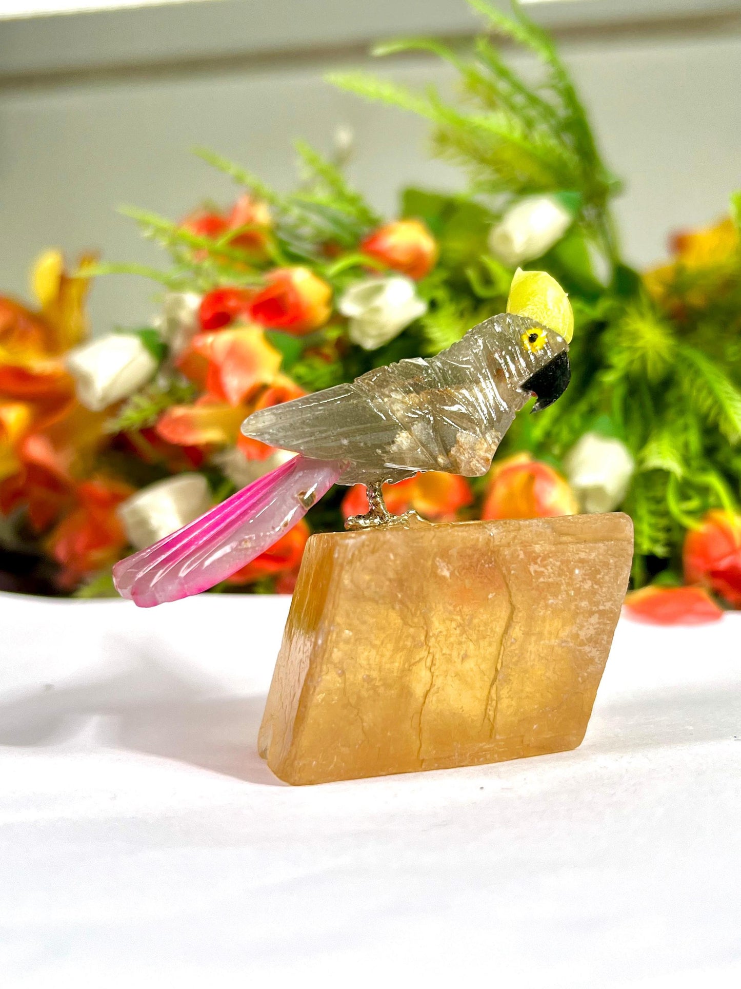 Beautiful Smoky Quartz Stone Parrot Bird On Honey Cubic Calcite- Healing Crystal - Home Decoration - Reiki Healing - Gift for All