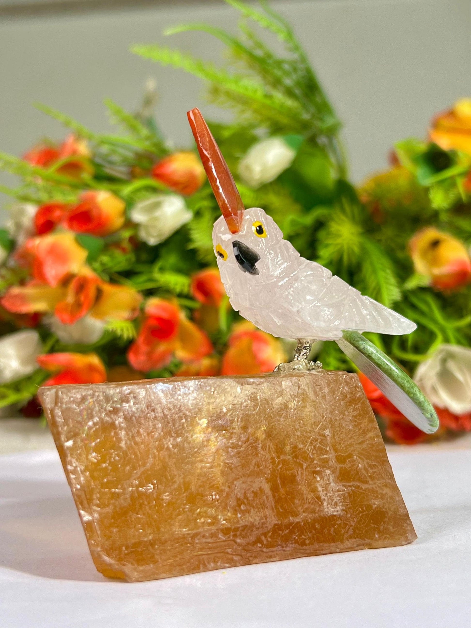 Beautiful Himalayan Crystal Parrot Bird On Honey Cubic Calcite- Healing Crystal - Home Decoration - Reiki Healing - Gift for All