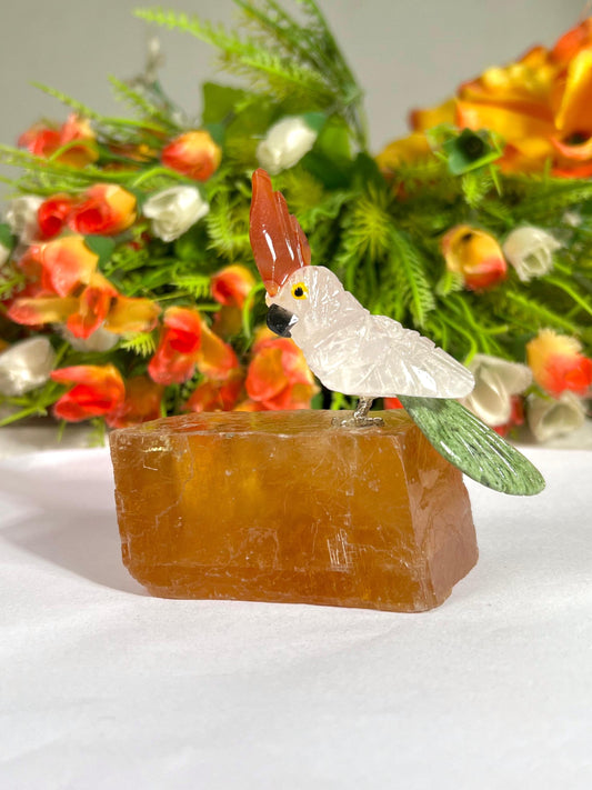 Beautiful Himalayan Crystal Parrot Bird On Honey Cubic Calcite- Healing Crystal - Home Decoration - Reiki Healing - Gift for All