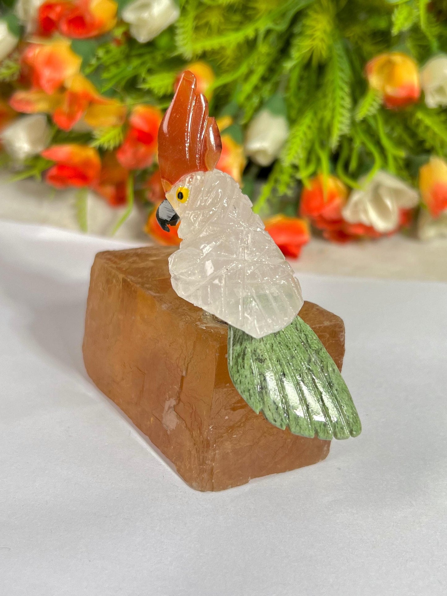 Beautiful Himalayan Crystal Parrot Bird On Honey Cubic Calcite- Healing Crystal - Home Decoration - Reiki Healing - Gift for All