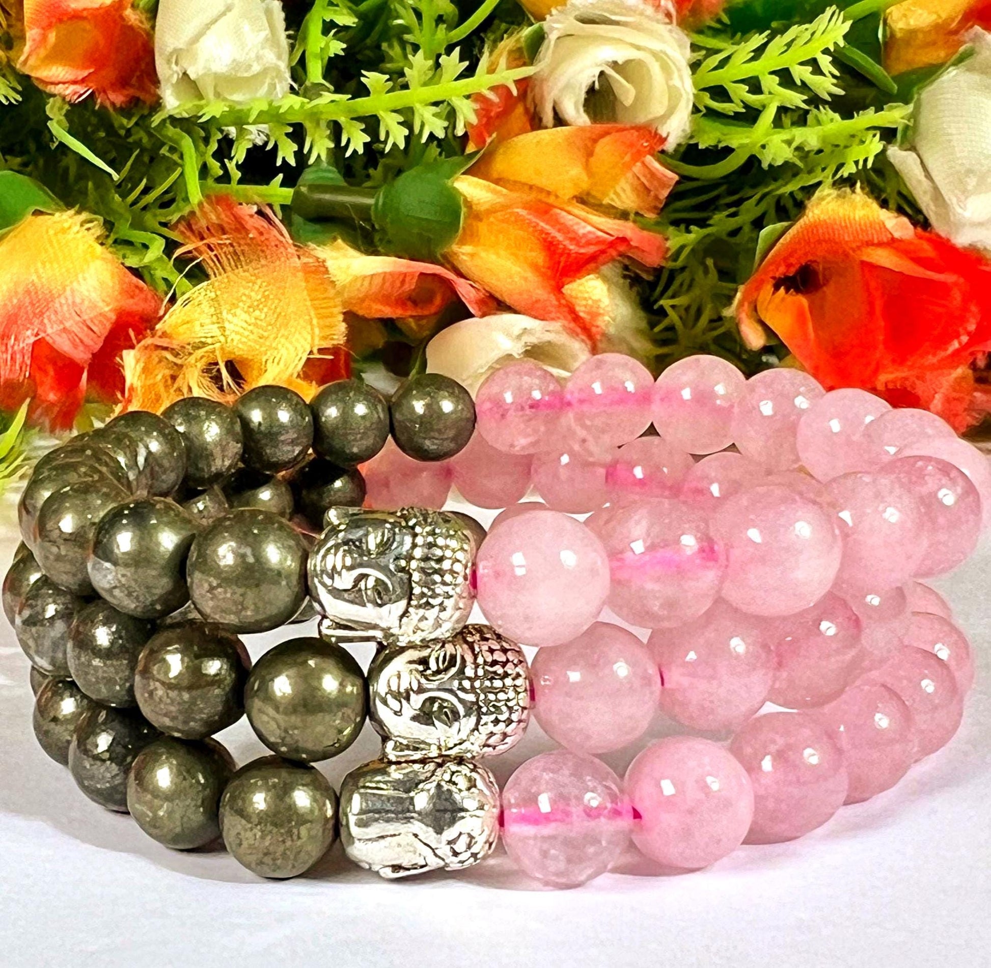 Money Wealth and Love Attract Pyrite and Rose Quartz Stone Bracelet With Buddha Head- 8 MM Beads with Stretch Design