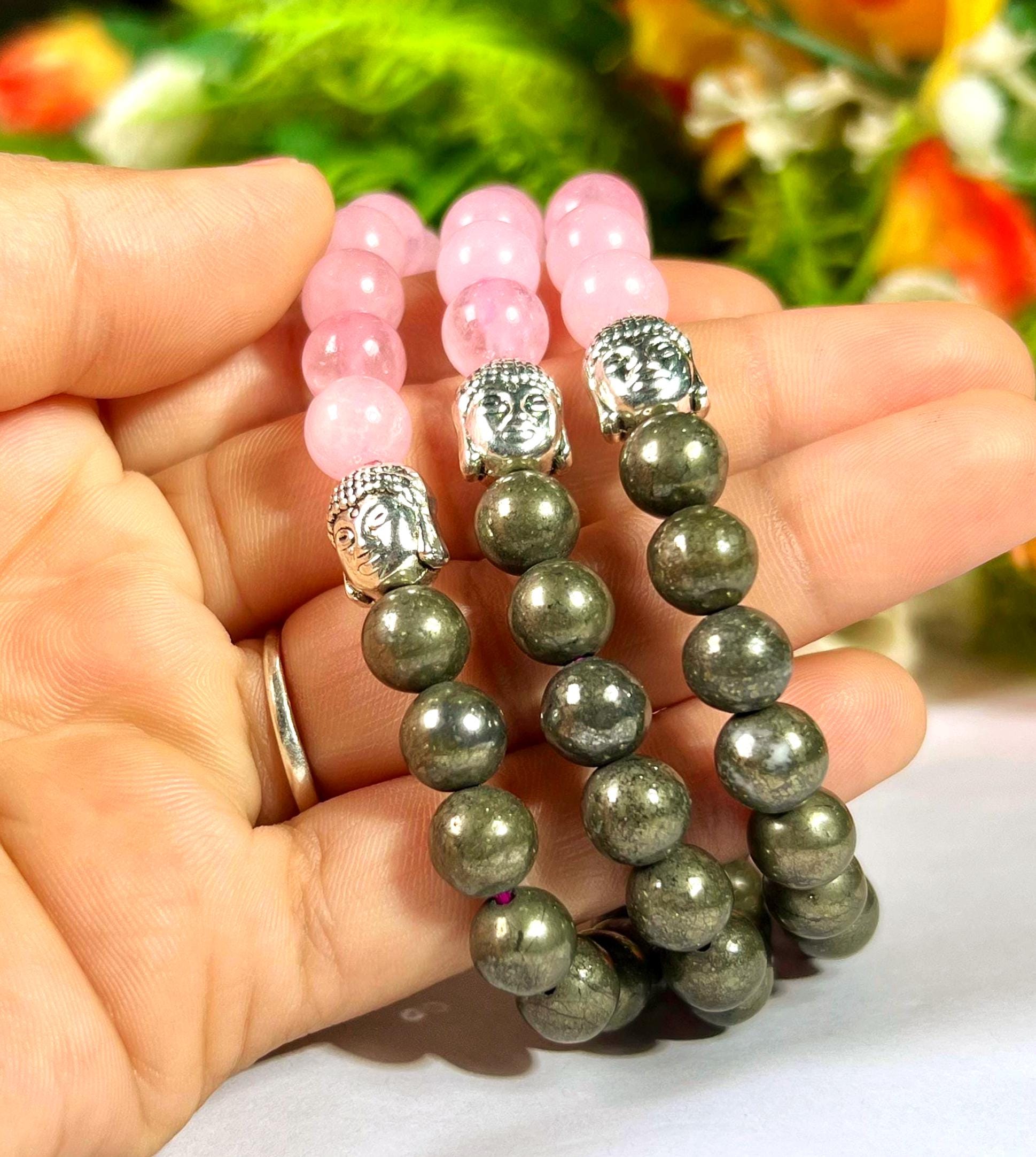 Money Wealth and Love Attract Pyrite and Rose Quartz Stone Bracelet With Buddha Head- 8 MM Beads with Stretch Design