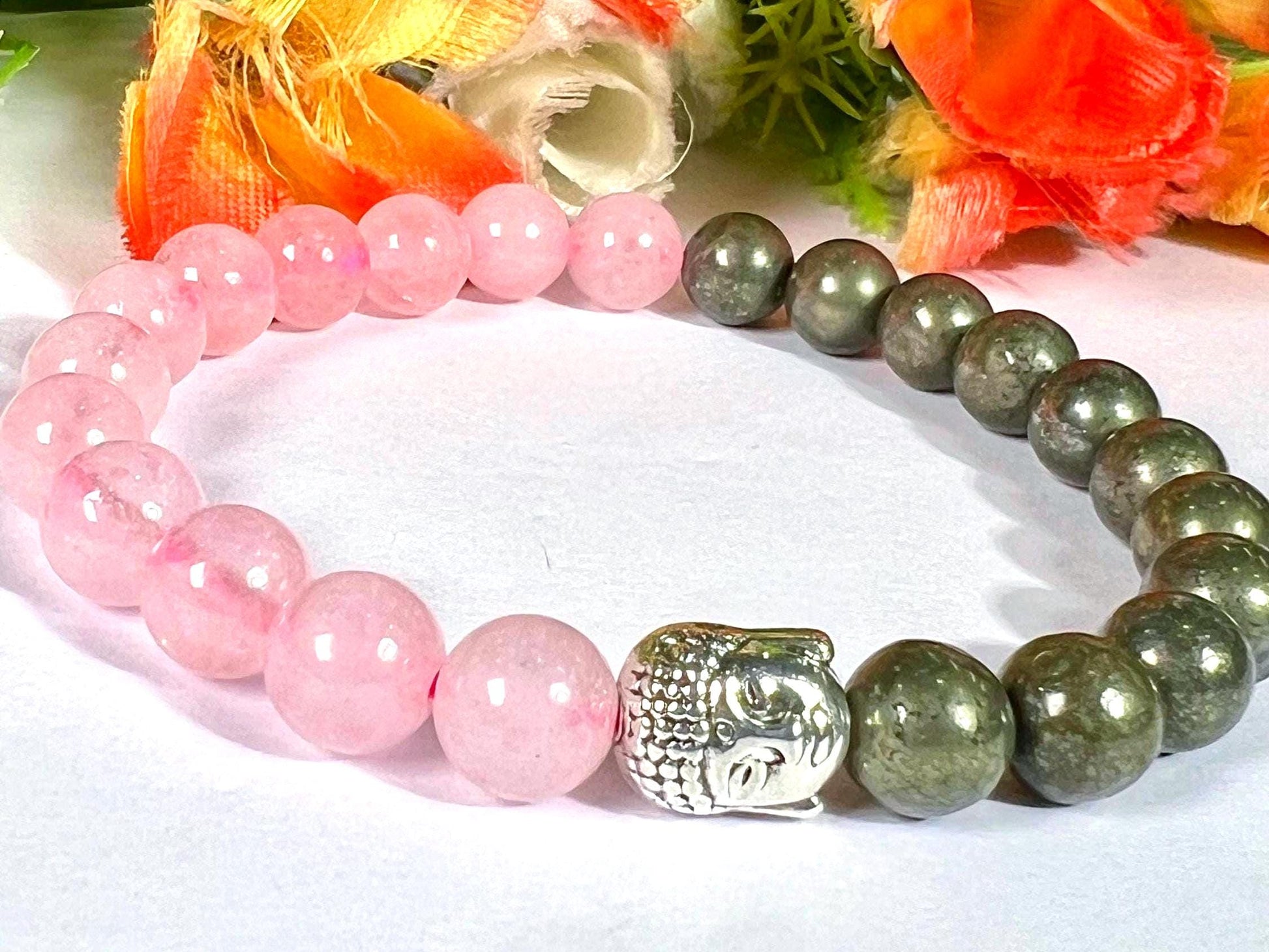 Money Wealth and Love Attract Pyrite and Rose Quartz Stone Bracelet With Buddha Head- 8 MM Beads with Stretch Design