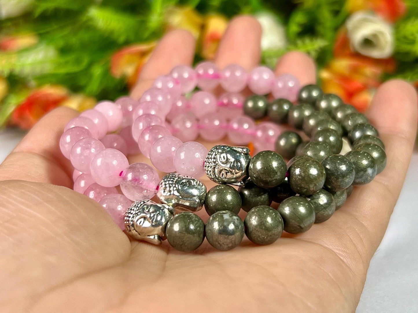 Money Wealth and Love Attract Pyrite and Rose Quartz Stone Bracelet With Buddha Head- 8 MM Beads with Stretch Design