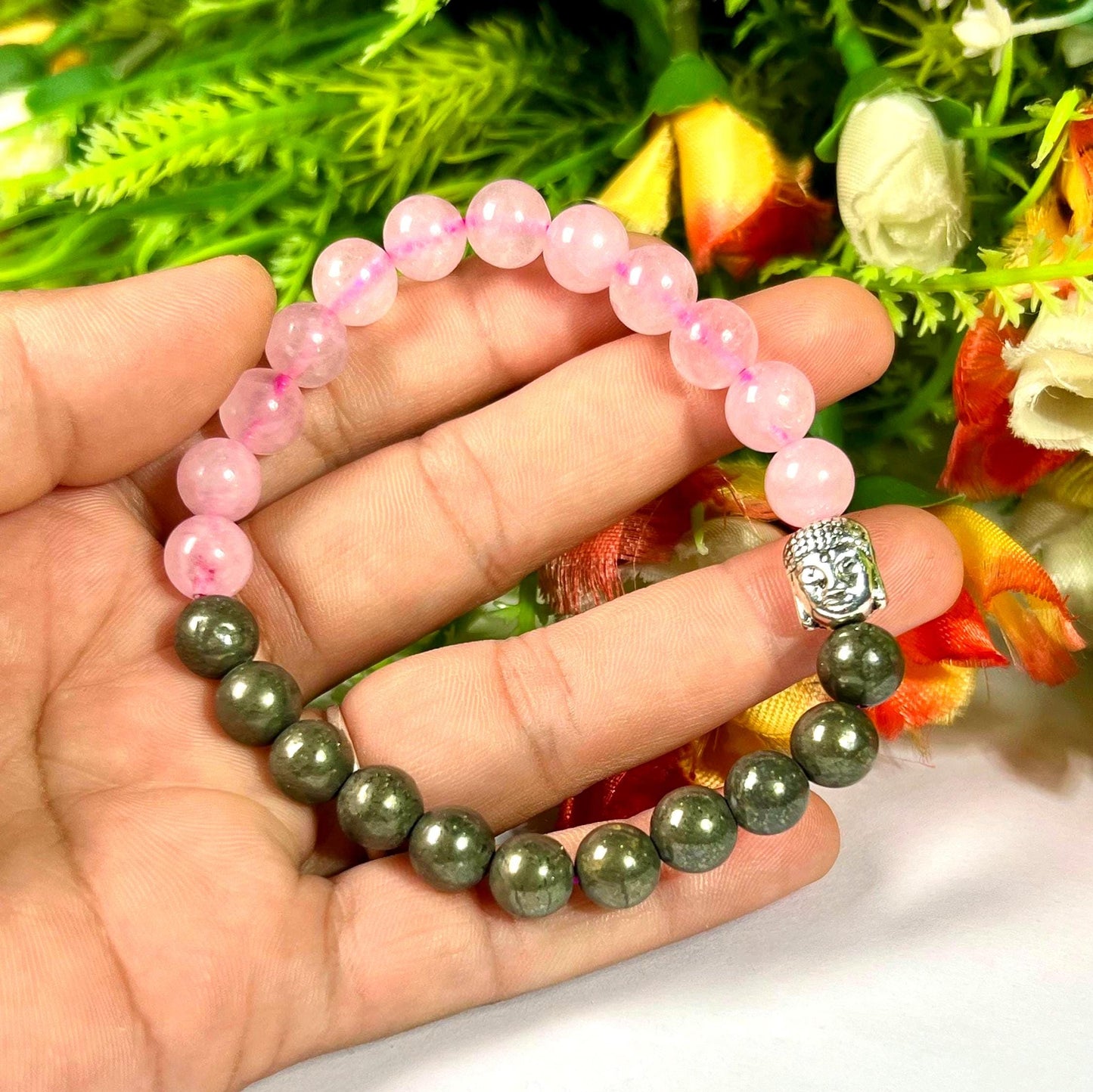 Money Wealth and Love Attract Pyrite and Rose Quartz Stone Bracelet With Buddha Head- 8 MM Beads with Stretch Design