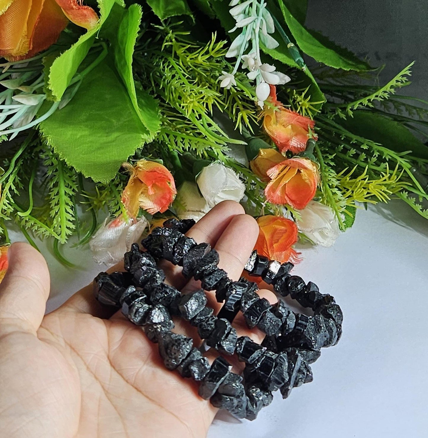 Black Tourmaline Natural Nugget Shape Stone Bracelet| Grounding & Protection Bracelet| Protection Talisman| Strength| Calming Stones
