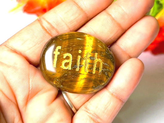 Tiger's Eye Stone Faith Symbol Engraved Worry Stone – Angelic Talisman Best Gift for All with Pouch