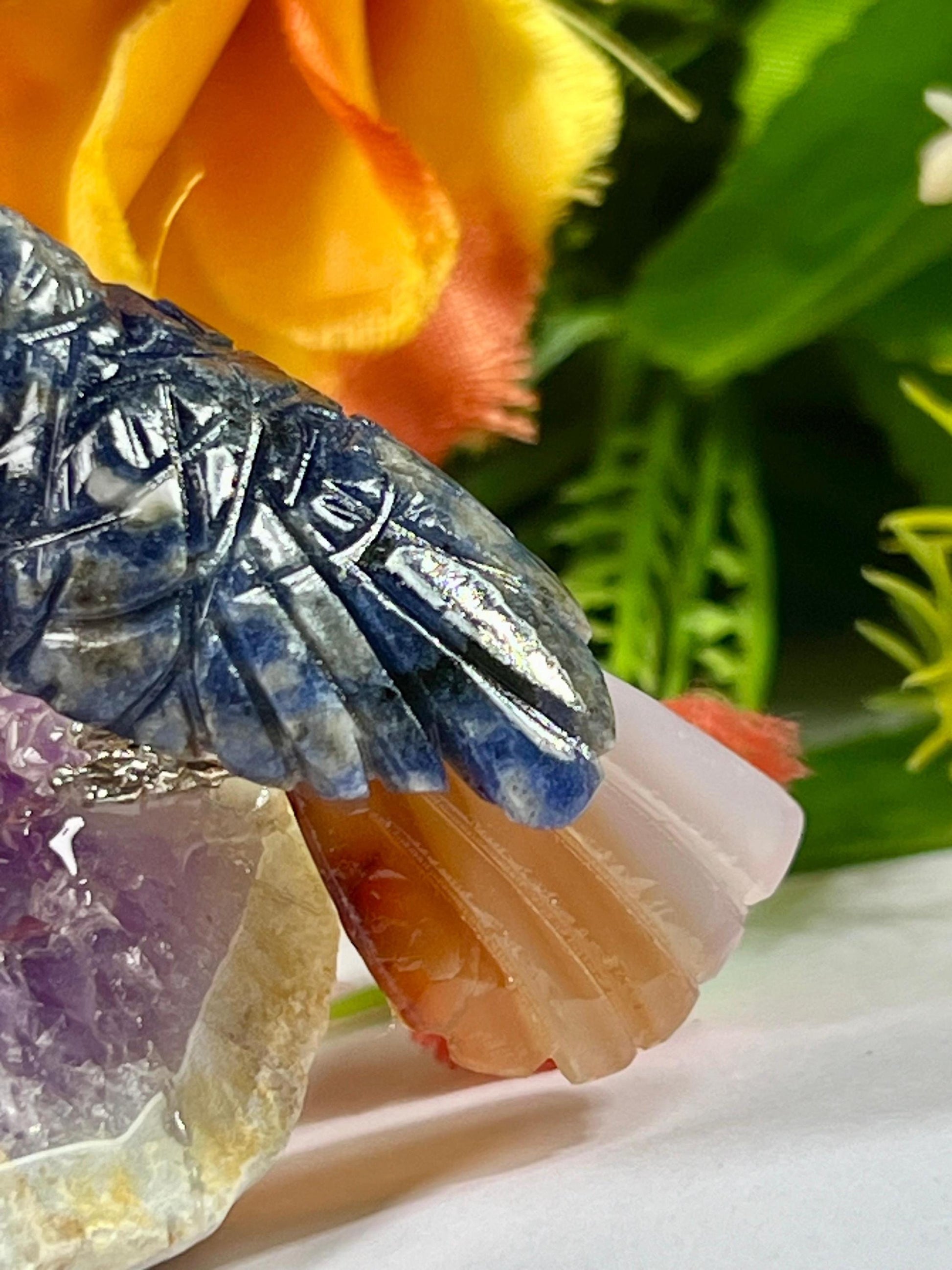 Beautiful Dumortierite Stone Parrot Bird On Amethyst Geode Mineral Healing Crystal - Home Decoration-Reiki Healing - Gift for All