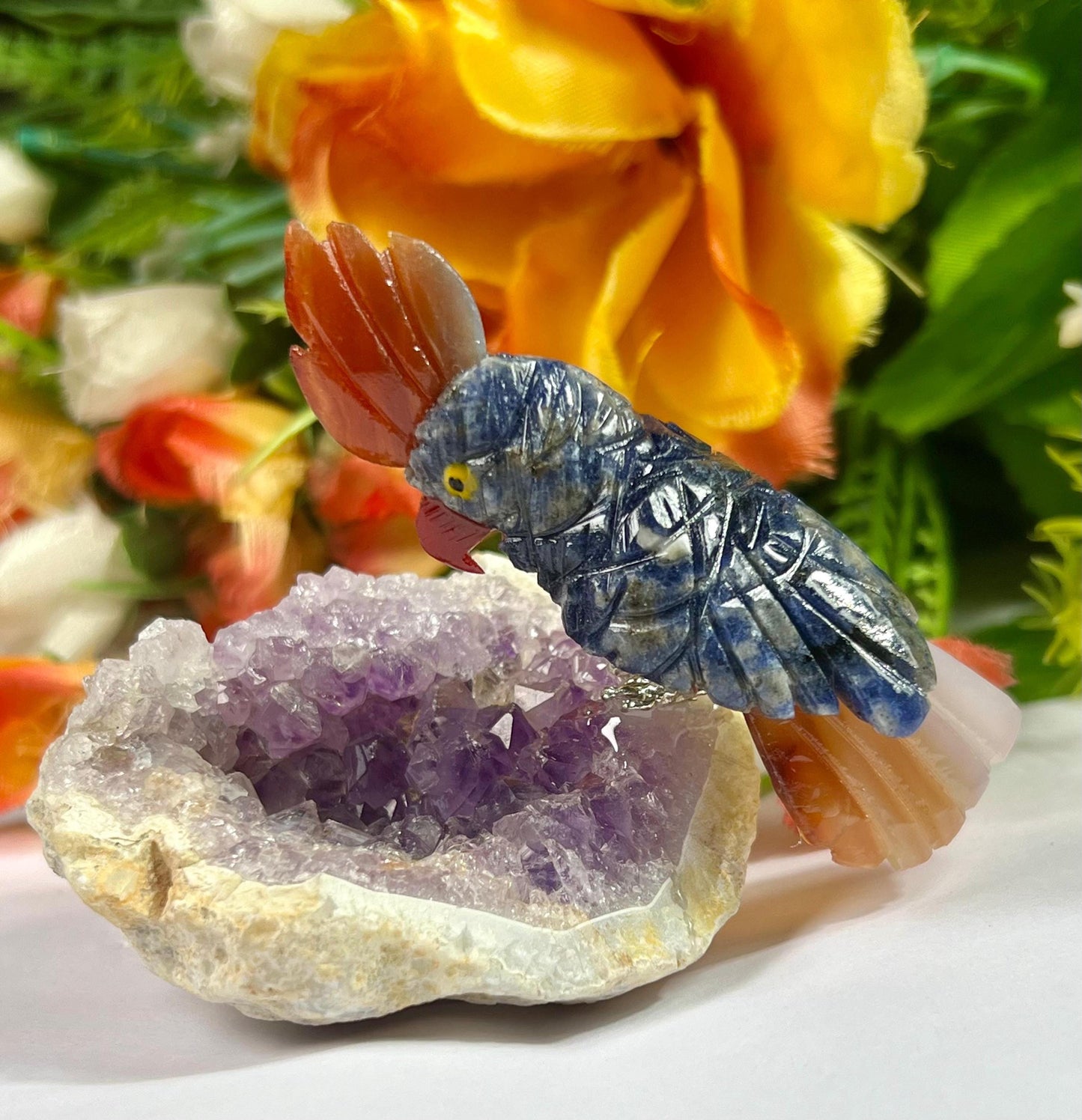 Beautiful Dumortierite Stone Parrot Bird On Amethyst Geode Mineral Healing Crystal - Home Decoration-Reiki Healing - Gift for All