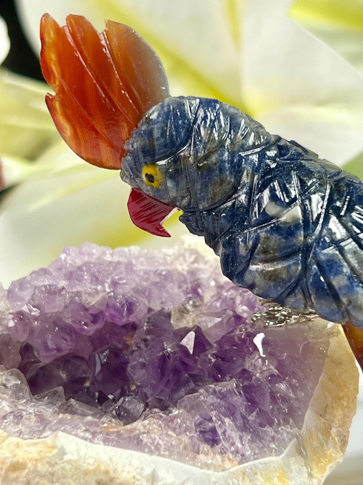 Beautiful Dumortierite Stone Parrot Bird On Amethyst Geode Mineral Healing Crystal - Home Decoration-Reiki Healing - Gift for All