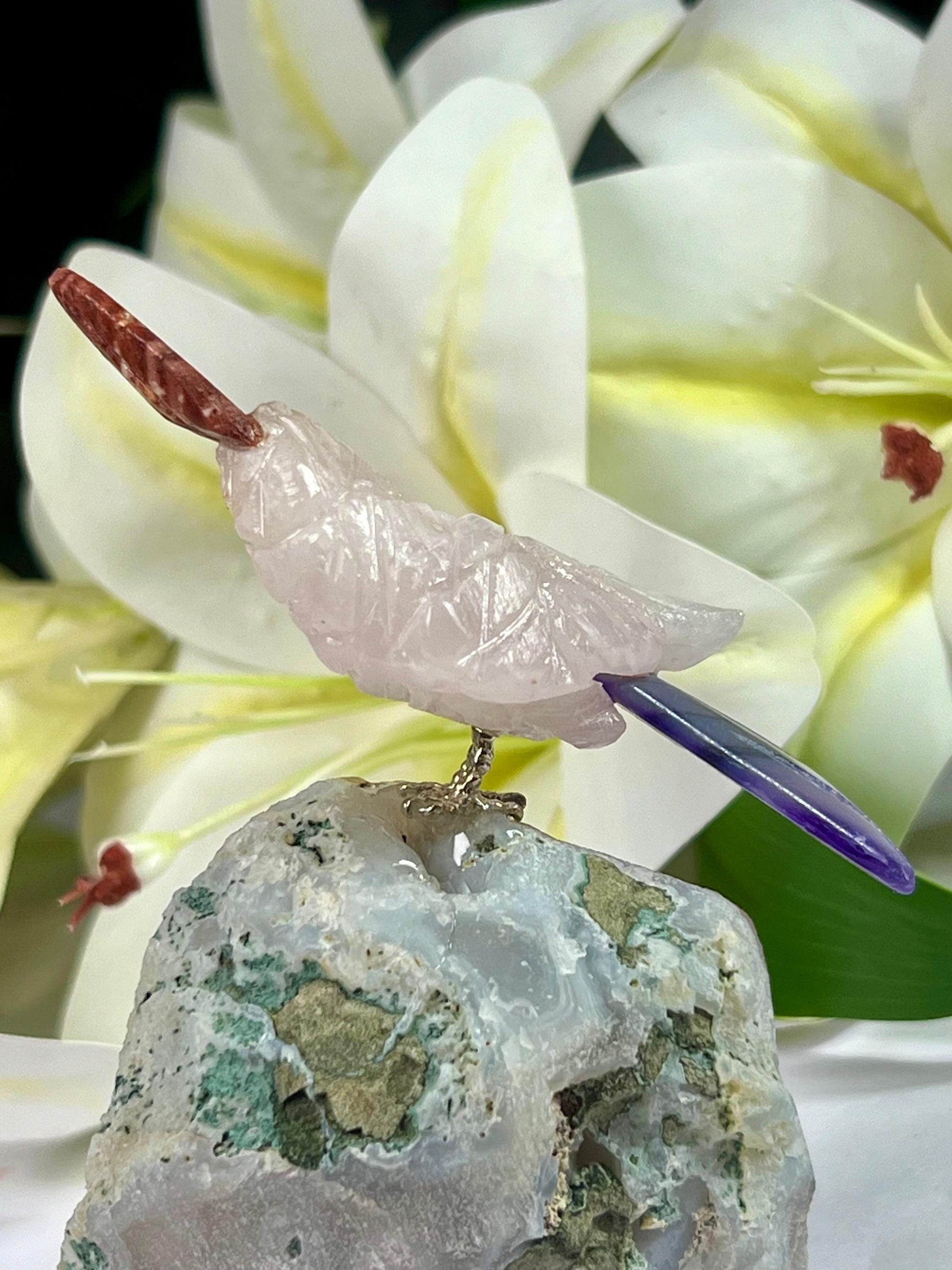 Beautiful Rose Quartz Stone Parrot Bird On Amethyst Geode Mineral Healing Crystal - Home Decoration-Reiki Healing - Gift for All