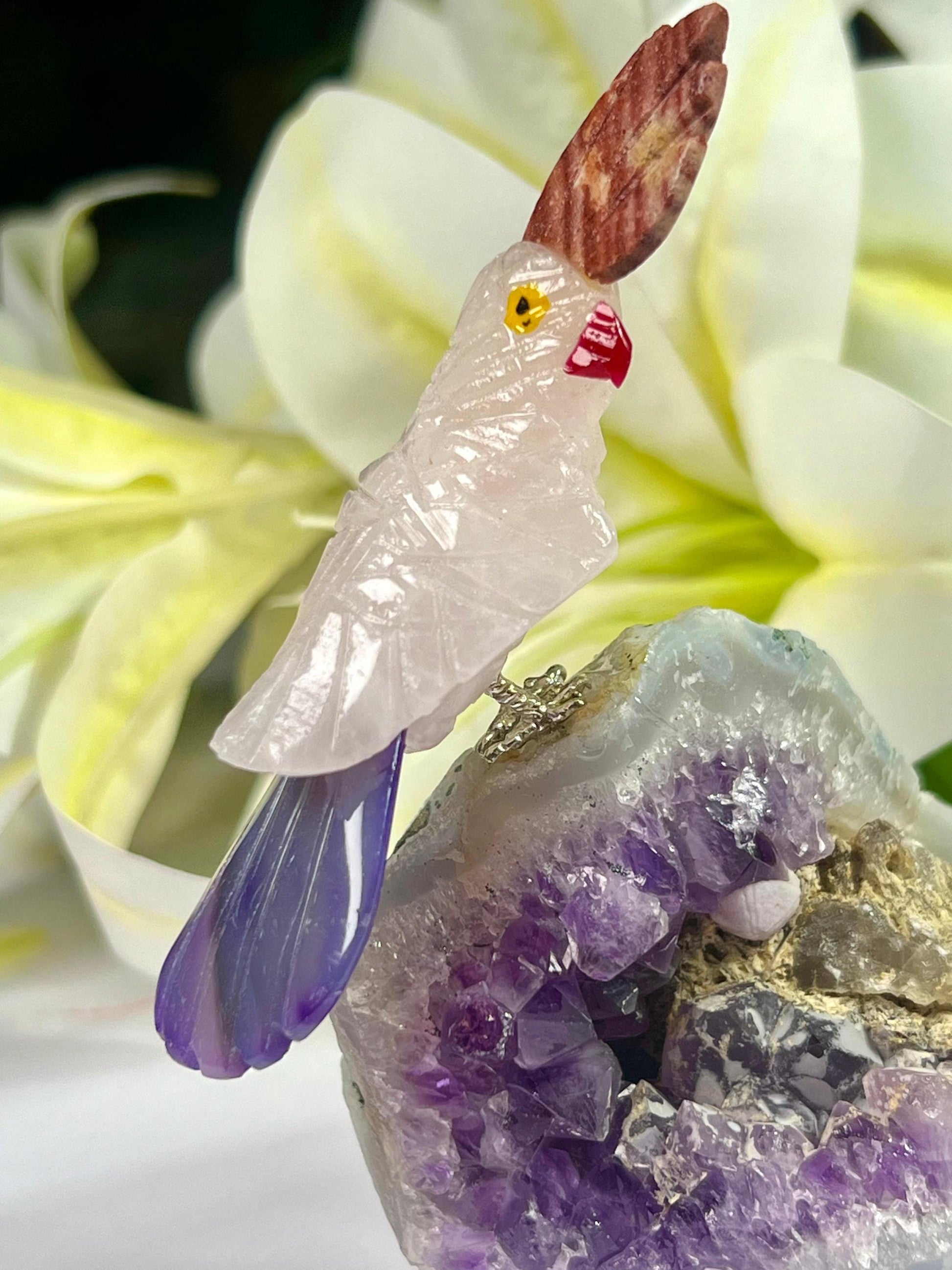 Beautiful Rose Quartz Stone Parrot Bird On Amethyst Geode Mineral Healing Crystal - Home Decoration-Reiki Healing - Gift for All