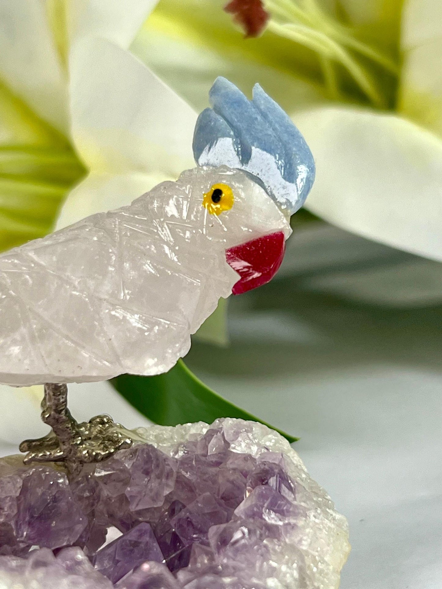 Beautiful  Himalayan Crystal Stone Parrot Bird On Amethyst Geode Mineral Healing Crystal - Home Decoration-Reiki Healing - Gift for All