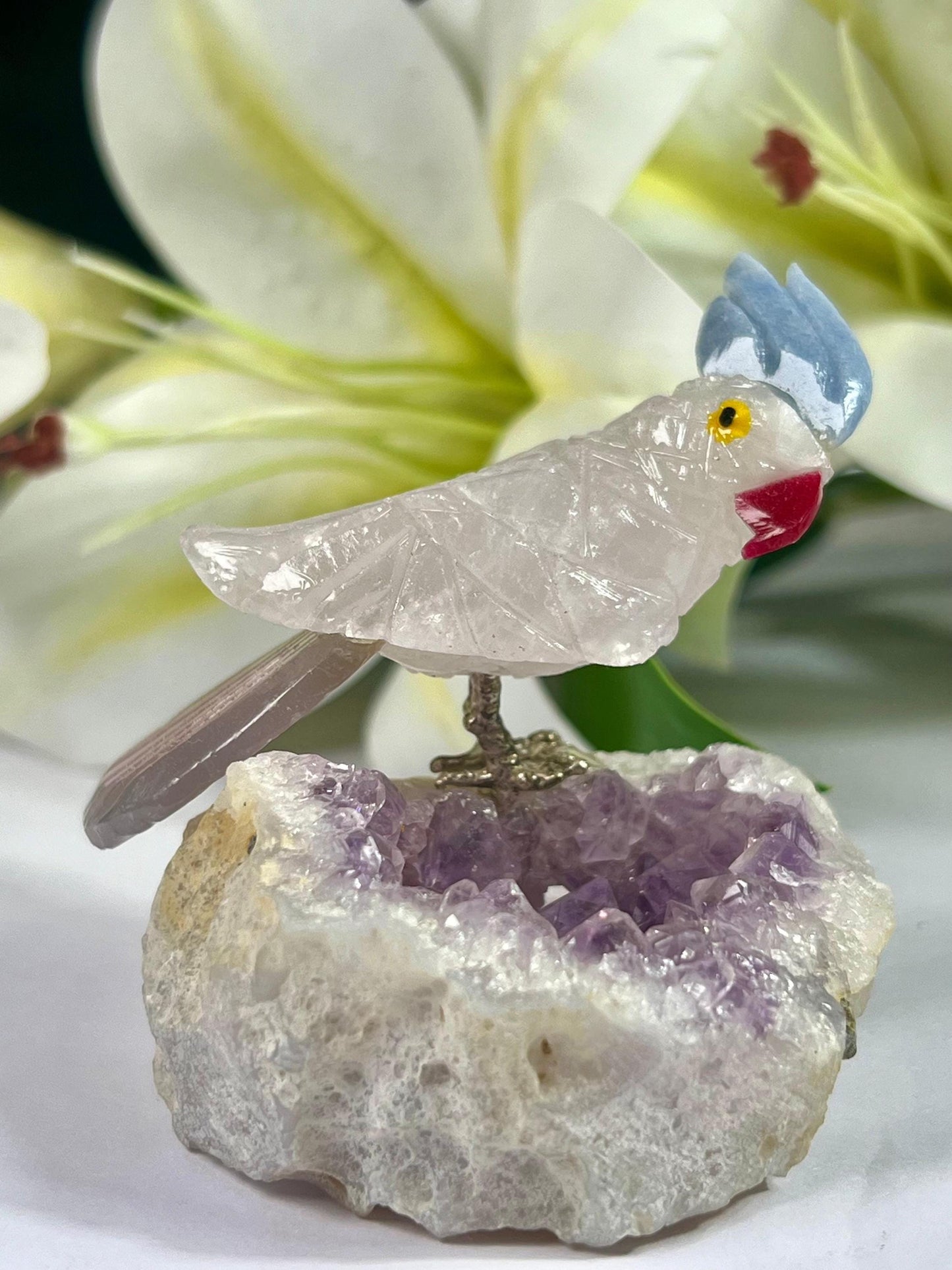 Beautiful  Himalayan Crystal Stone Parrot Bird On Amethyst Geode Mineral Healing Crystal - Home Decoration-Reiki Healing - Gift for All