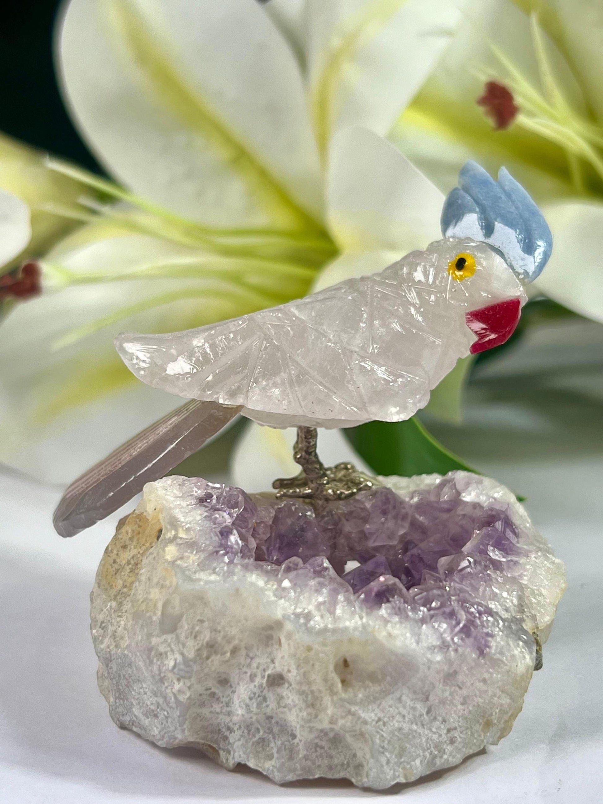 Beautiful  Himalayan Crystal Stone Parrot Bird On Amethyst Geode Mineral Healing Crystal - Home Decoration-Reiki Healing - Gift for All