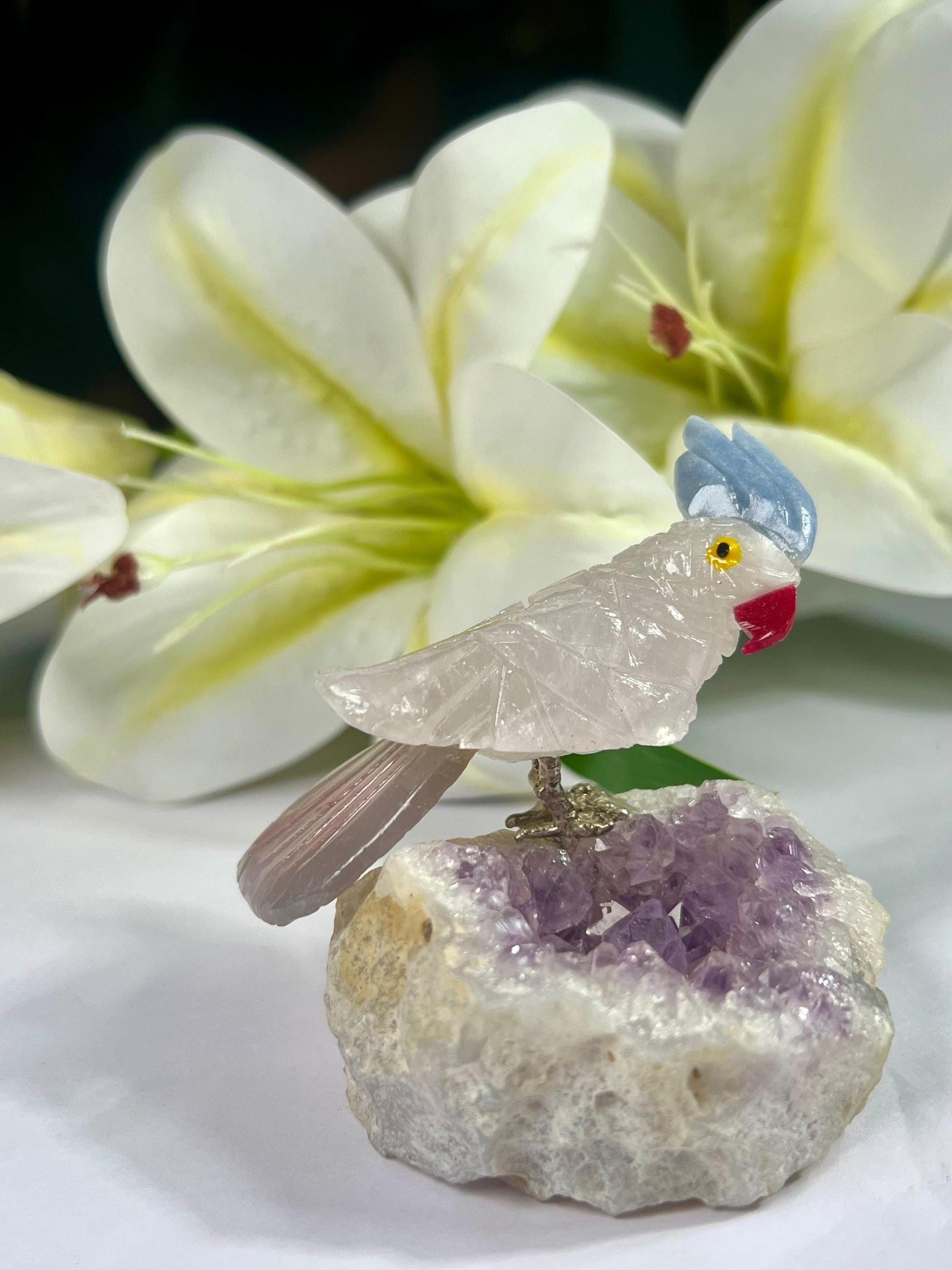 Beautiful  Himalayan Crystal Stone Parrot Bird On Amethyst Geode Mineral Healing Crystal - Home Decoration-Reiki Healing - Gift for All