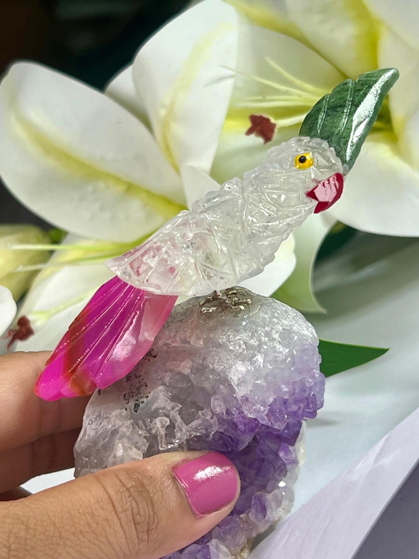 Beautiful  Himalayan Crystal Stone Parrot Bird On Amethyst Geode Mineral Healing Crystal - Home Decoration-Reiki Healing - Gift for All