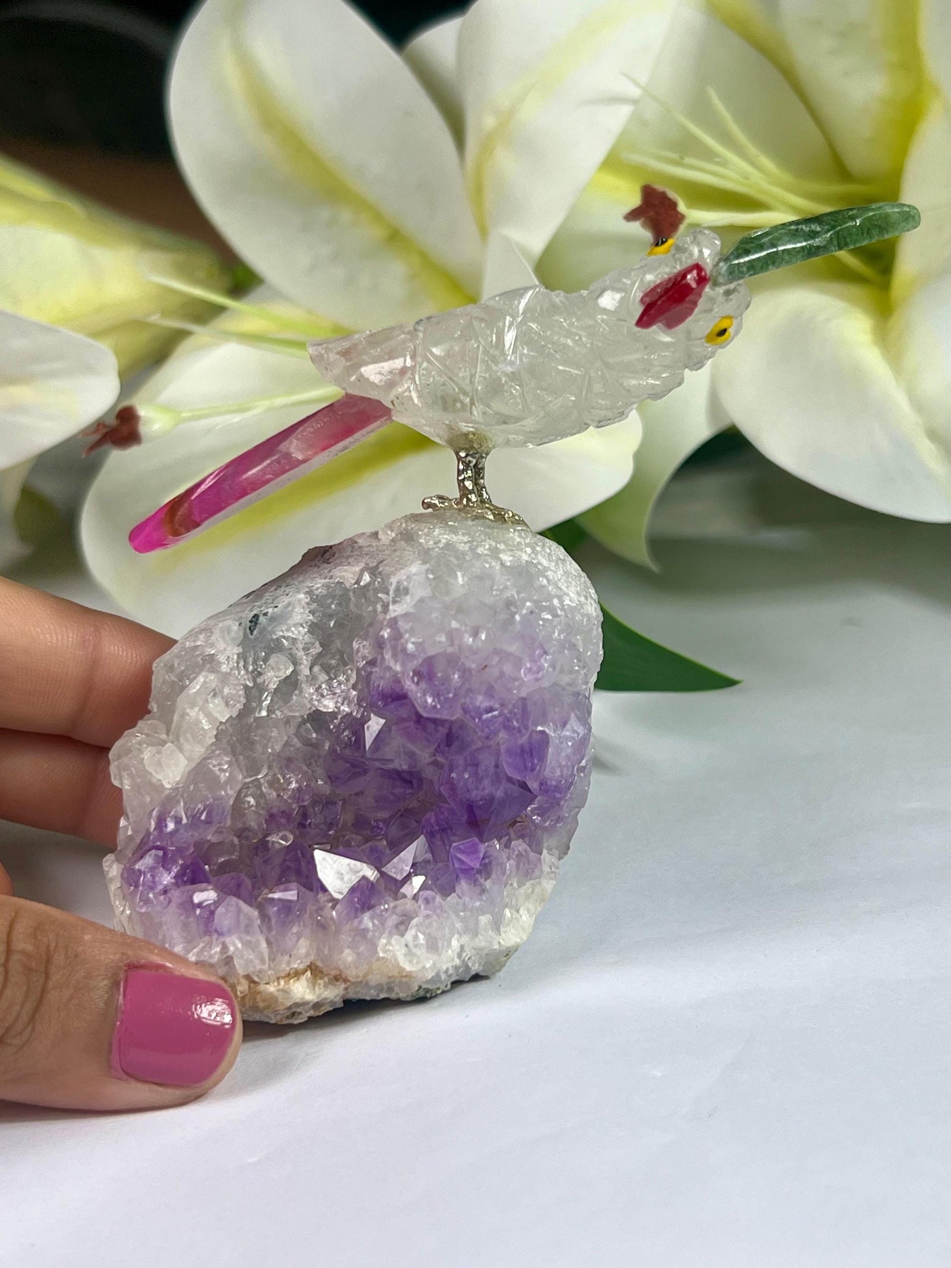 Beautiful  Himalayan Crystal Stone Parrot Bird On Amethyst Geode Mineral Healing Crystal - Home Decoration-Reiki Healing - Gift for All