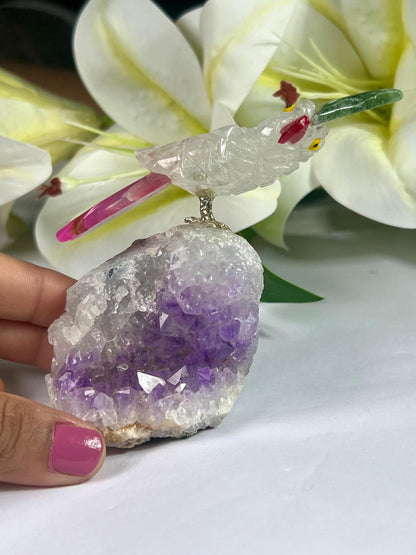 Beautiful  Himalayan Crystal Stone Parrot Bird On Amethyst Geode Mineral Healing Crystal - Home Decoration-Reiki Healing - Gift for All