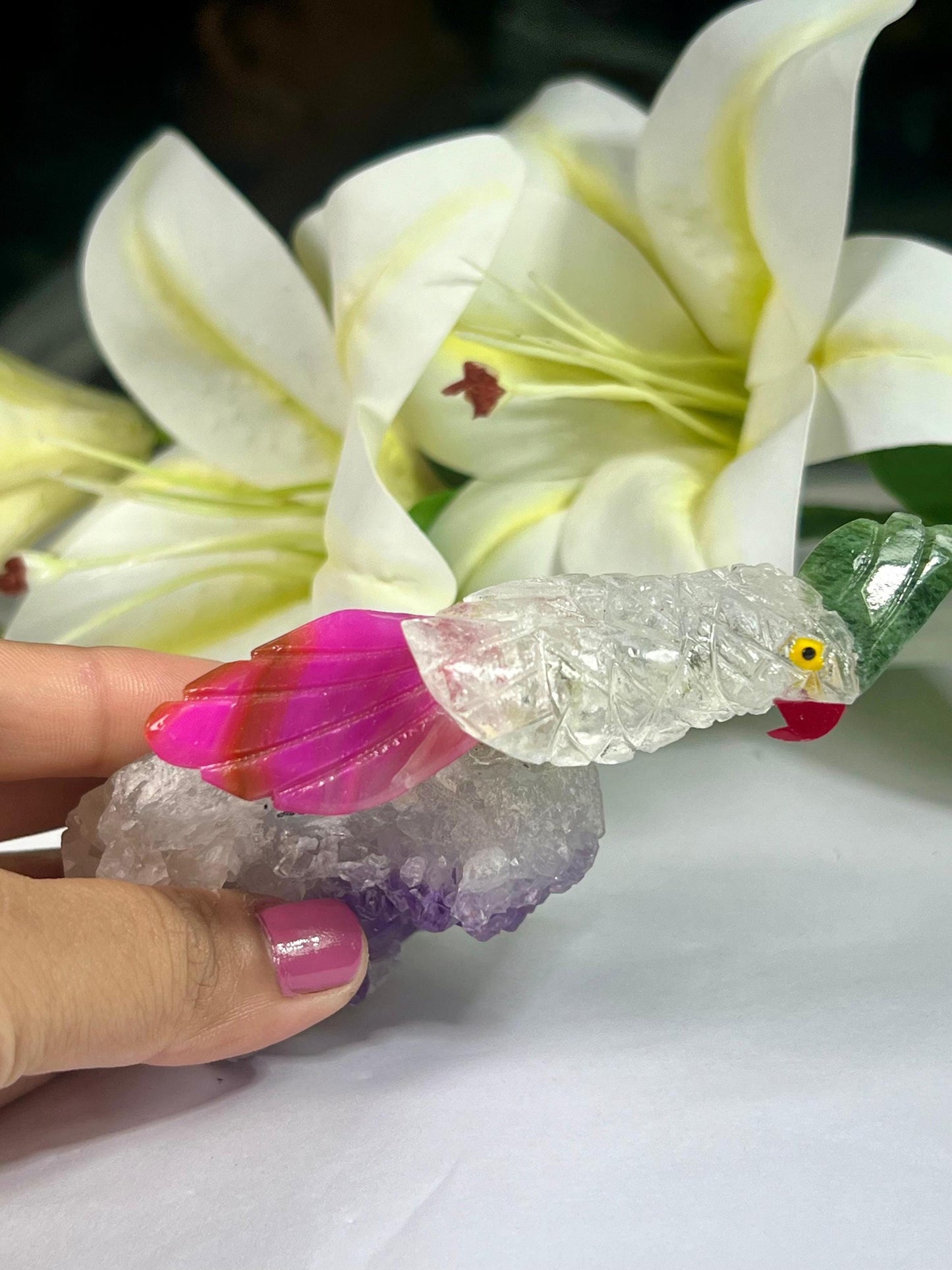 Beautiful  Himalayan Crystal Stone Parrot Bird On Amethyst Geode Mineral Healing Crystal - Home Decoration-Reiki Healing - Gift for All