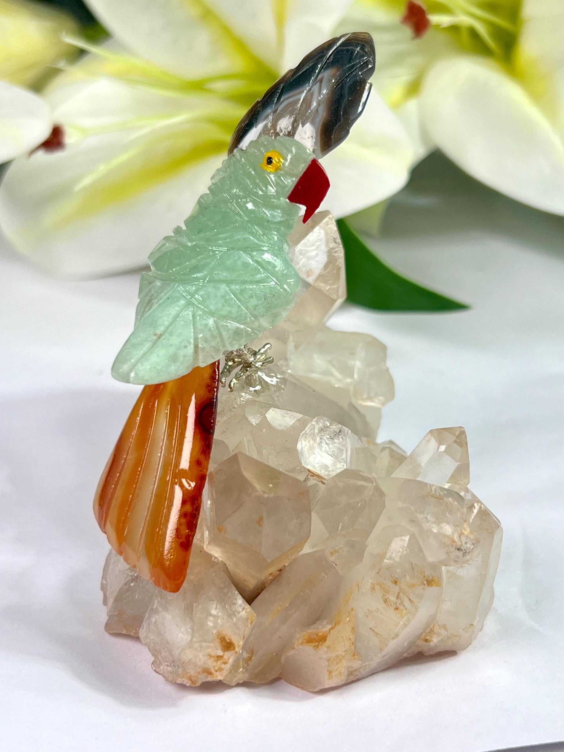 Beautiful Green Aventurine Parrot Bird On Samadhi Quartz - Healing Crystal - Home Decoration - Reiki Healing - Gift for All