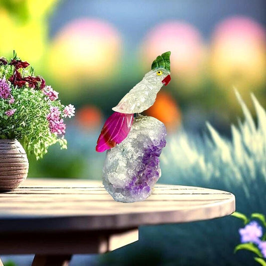 Beautiful  Himalayan Crystal Stone Parrot Bird On Amethyst Geode Mineral Healing Crystal - Home Decoration-Reiki Healing - Gift for All