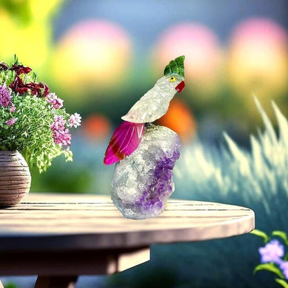 Beautiful  Himalayan Crystal Stone Parrot Bird On Amethyst Geode Mineral Healing Crystal - Home Decoration-Reiki Healing - Gift for All