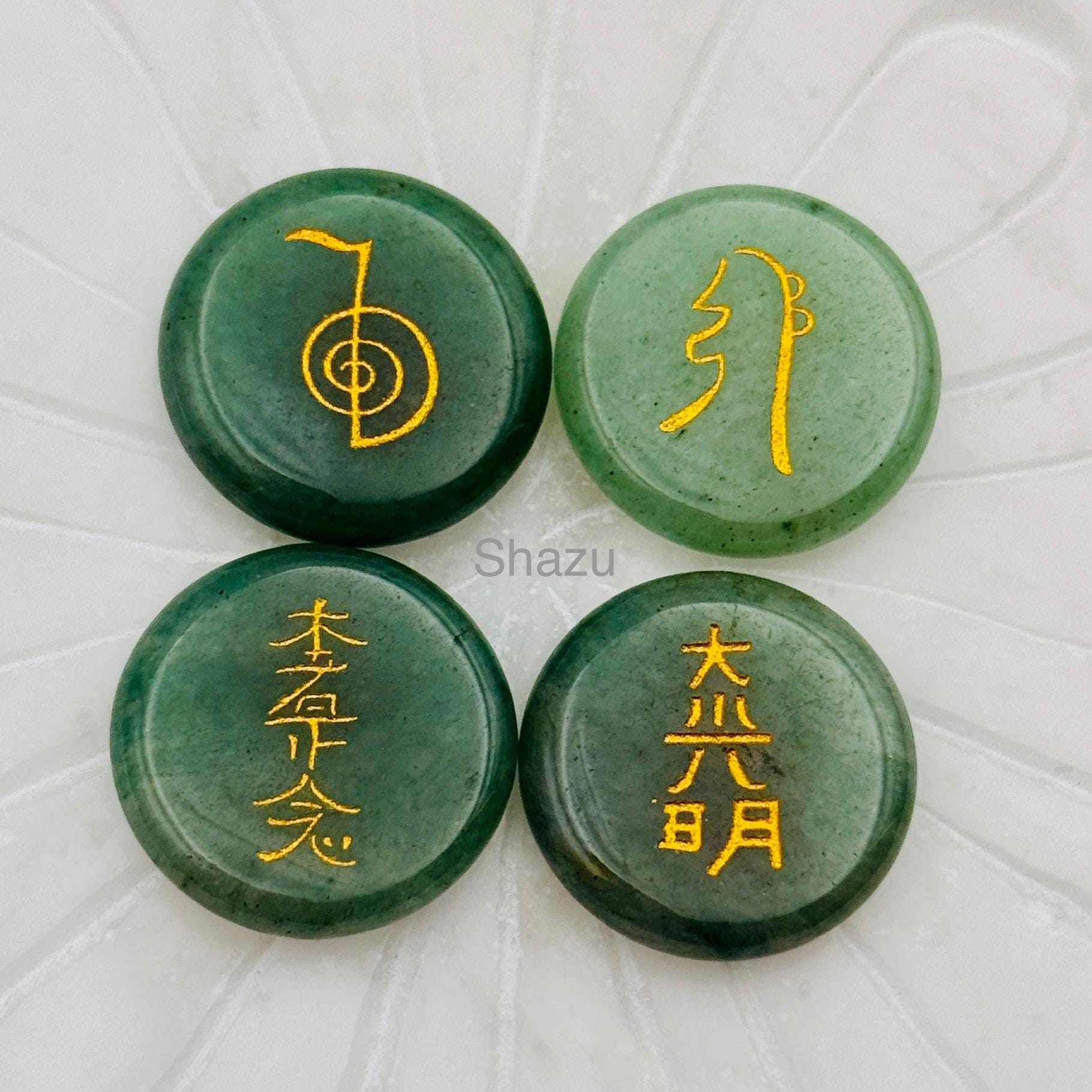 Green Jade Reiki Symbol Stone Set – Natural Engraved Jade Meditation Stones