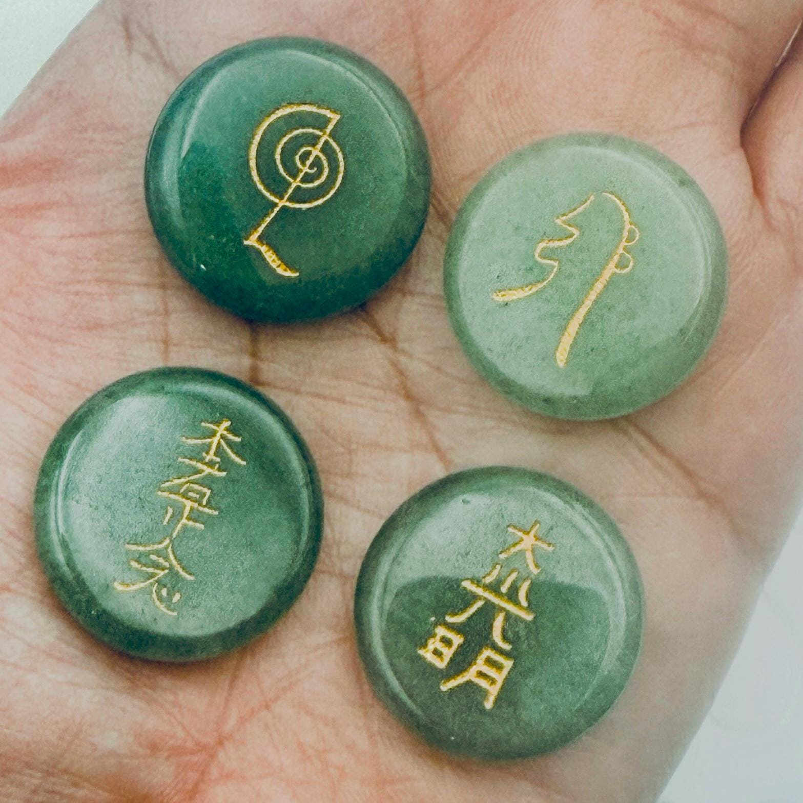 Green Jade Reiki Symbol Stone Set – Natural Engraved Jade Meditation Stones