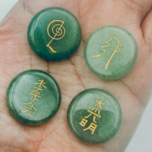 Green Jade Reiki Symbol Stone Set – Natural Engraved Jade Meditation Stones
