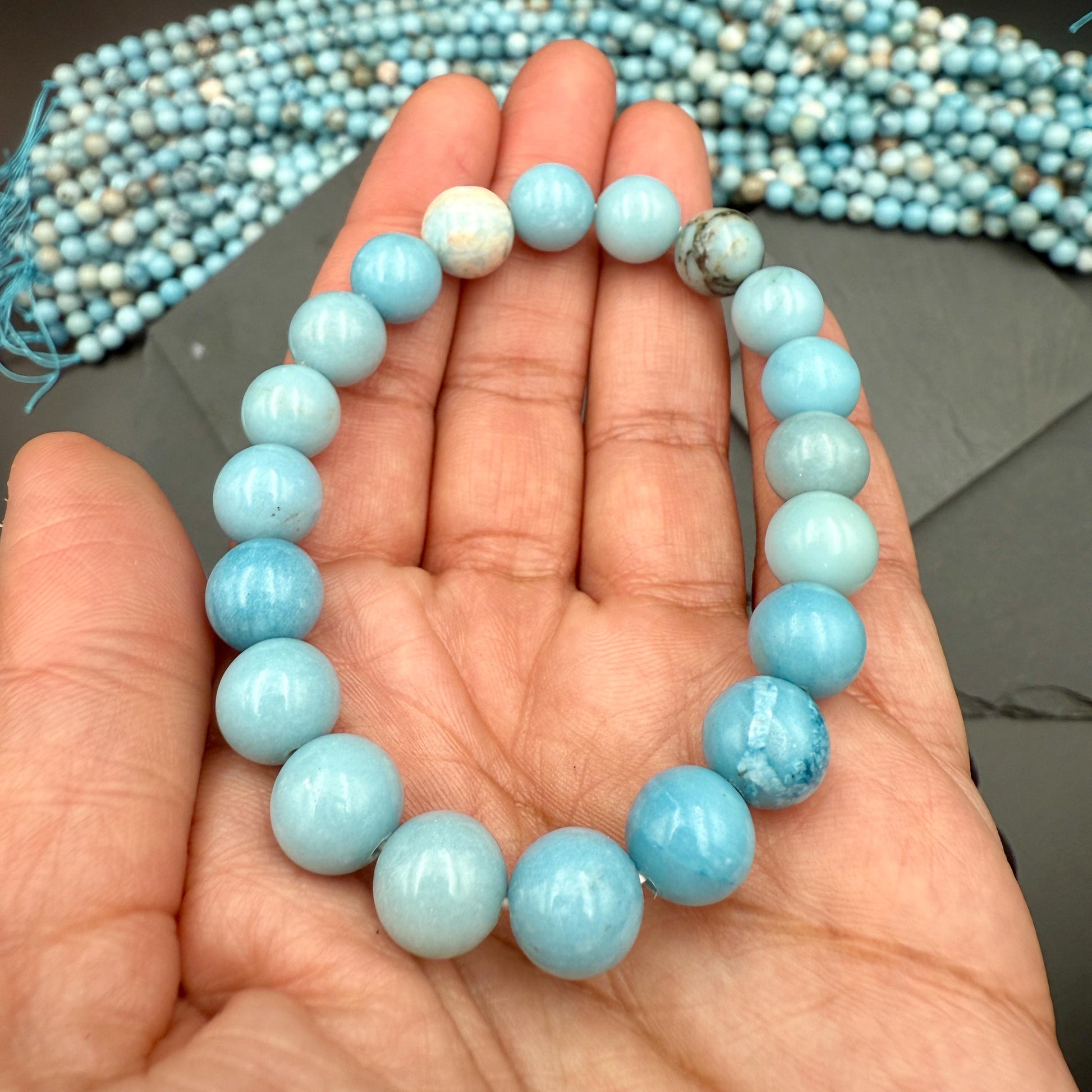 AAA Larimar Bracelet - Natural 10mm Dominican Crystal March Birthstone