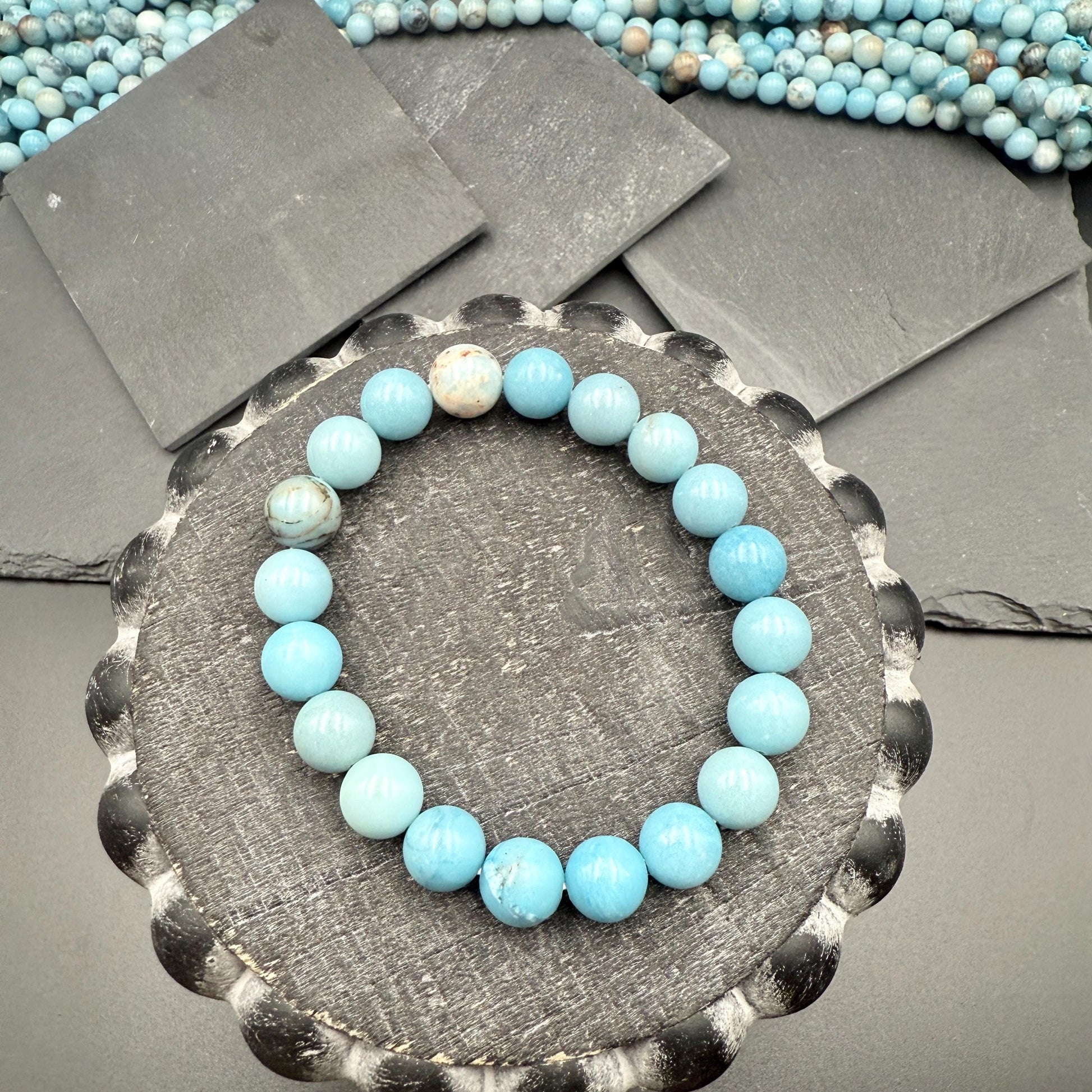 AAA Larimar Bracelet - Natural 10mm Dominican Crystal March Birthstone