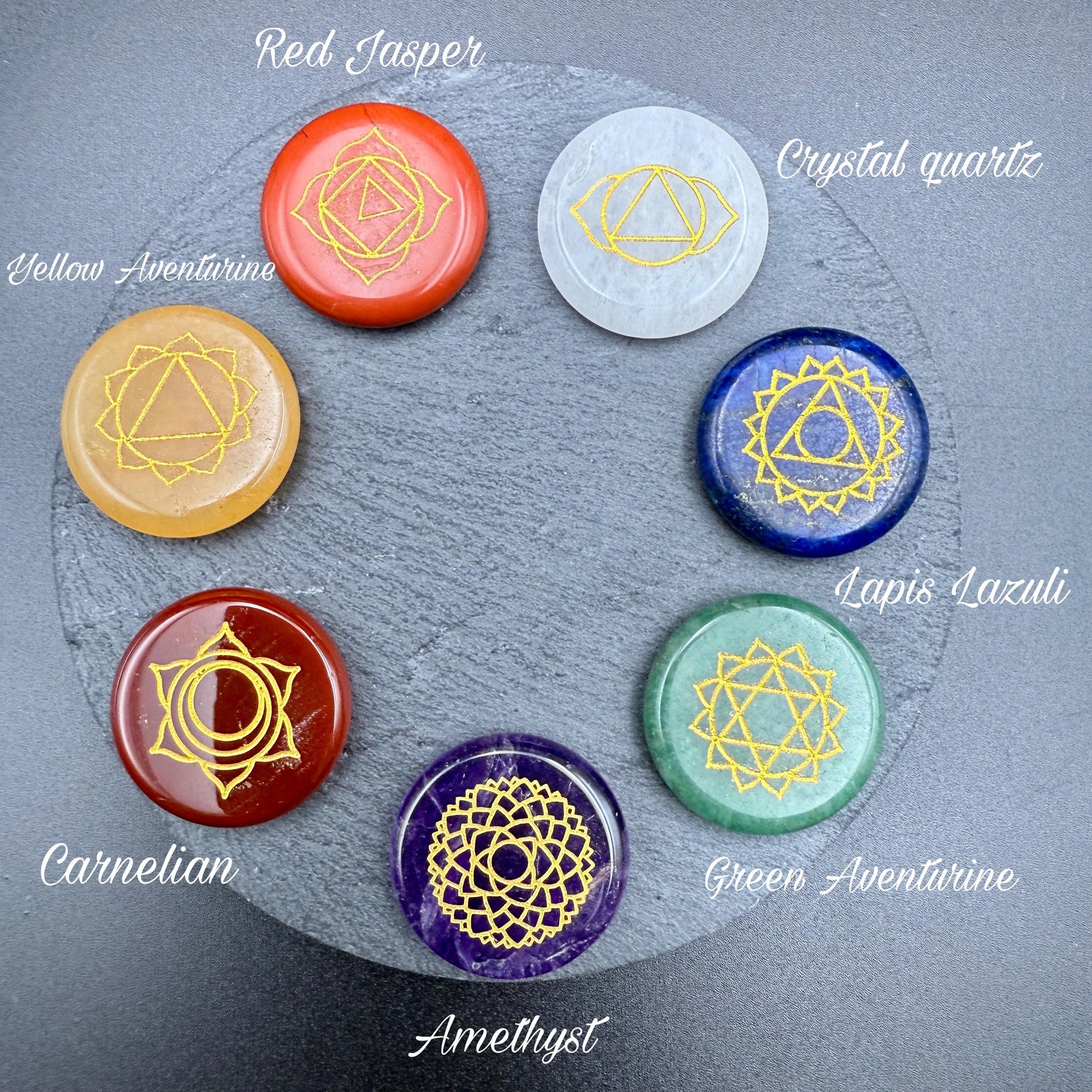 Seven Chakra Engraved Crystal Stone Set – Reiki Healing, Meditation (25.4mm)
