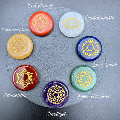 Seven Chakra Engraved Crystal Stone Set – Reiki Healing, Meditation (25.4mm)