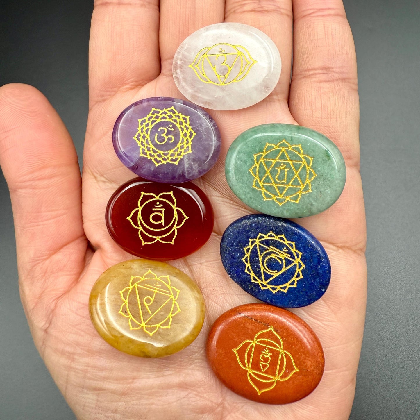 Seven Chakra Crystal Set – Engraved Oval Stones for Reiki, Meditation