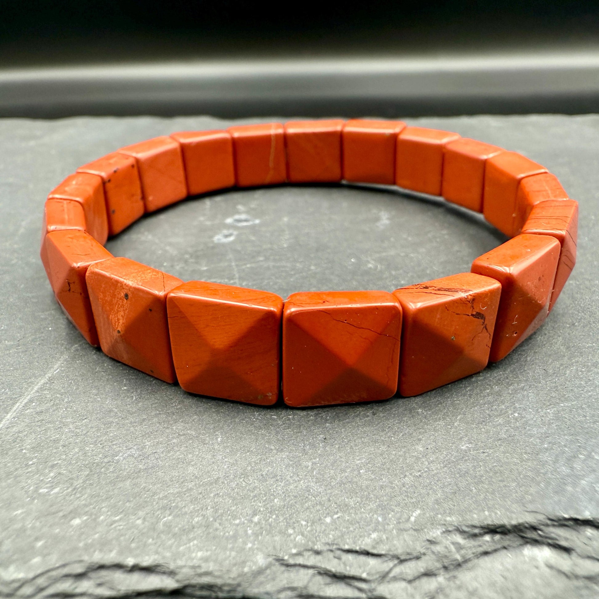 Red Jasper Bracelet 11MM – Square Pyramid Cut Crystal for Strength, Stability & Grounding Energy