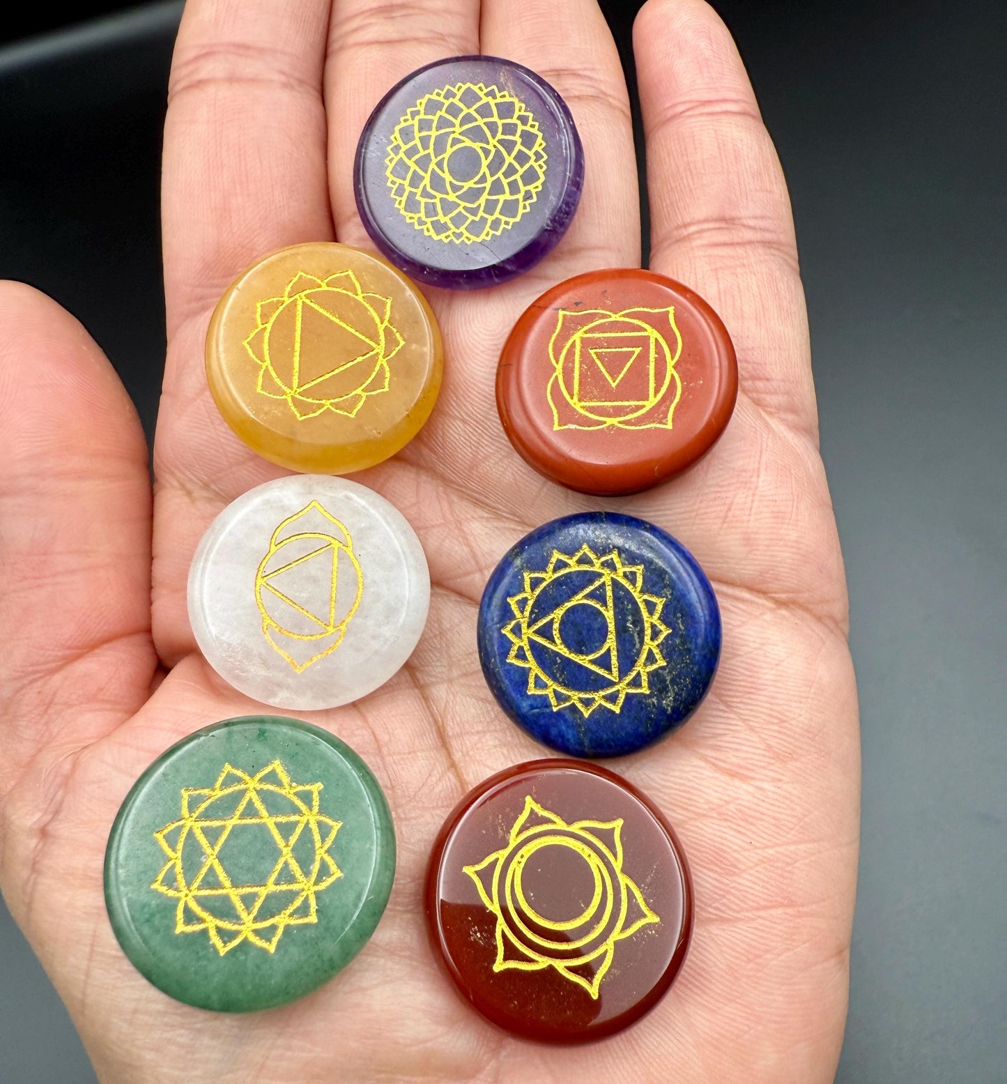 Seven Chakra Engraved Crystal Stone Set – Reiki Healing, Meditation (25.4mm)