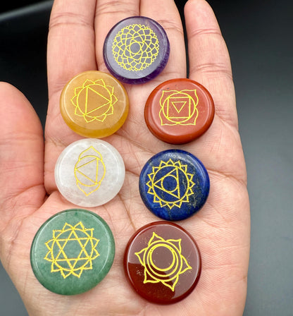 Seven Chakra Engraved Crystal Stone Set – Reiki Healing, Meditation (25.4mm)
