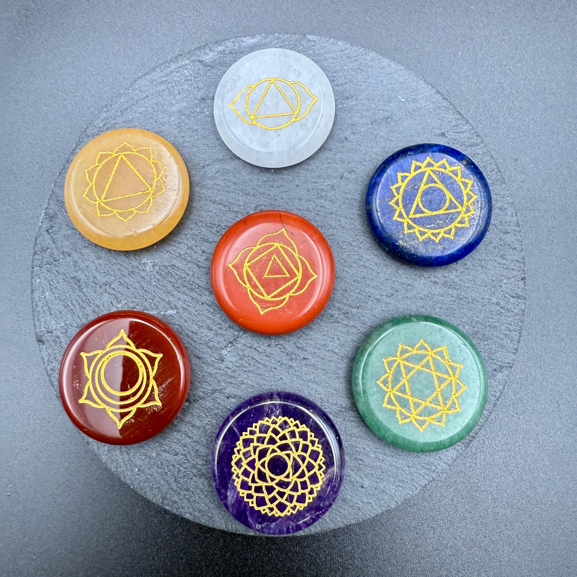 Seven Chakra Engraved Crystal Stone Set – Reiki Healing, Meditation (25.4mm)