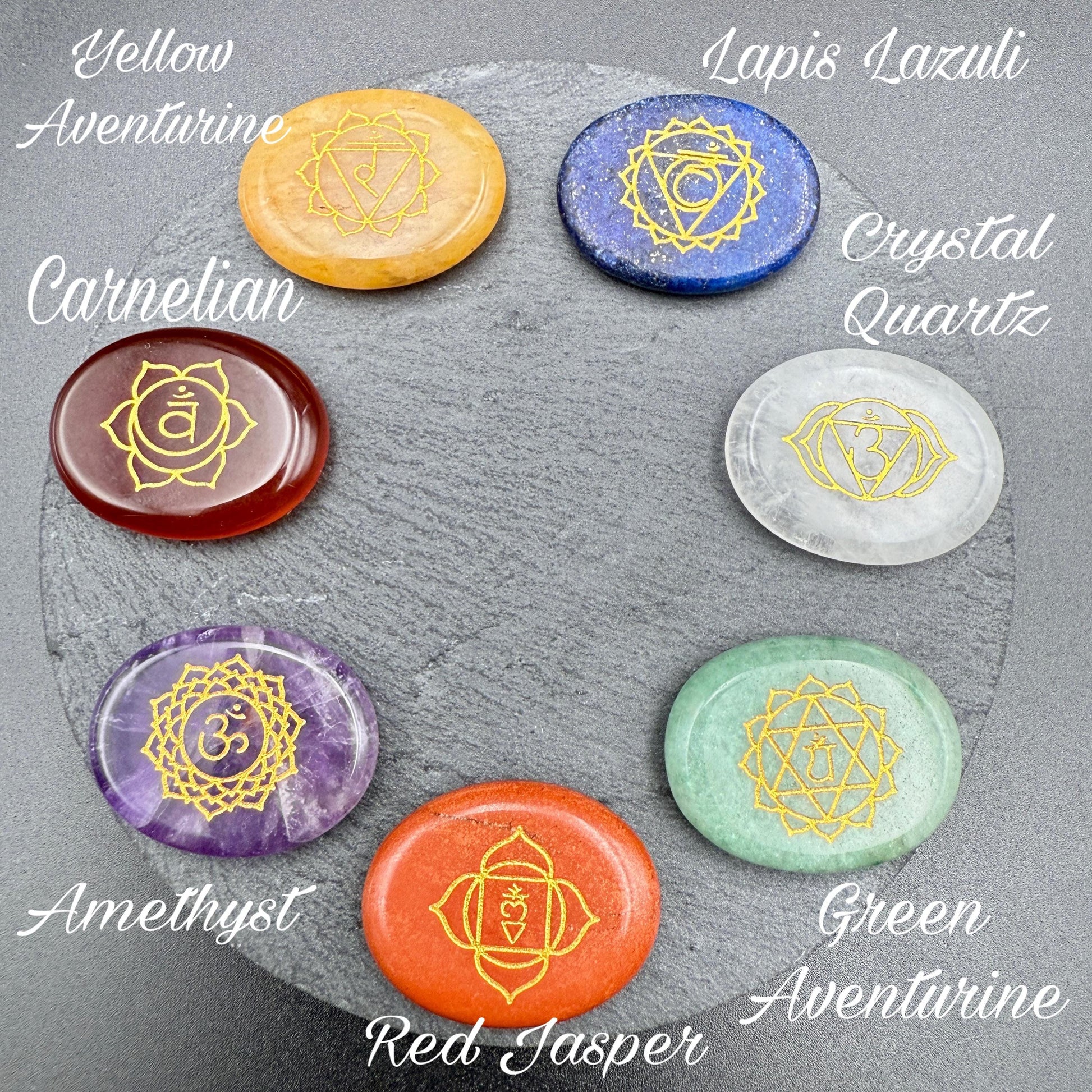Seven Chakra Crystal Set – Engraved Oval Stones for Reiki, Meditation