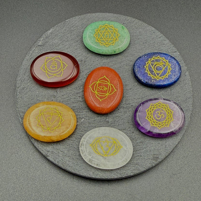 Seven Chakra Crystal Set – Engraved Oval Stones for Reiki, Meditation